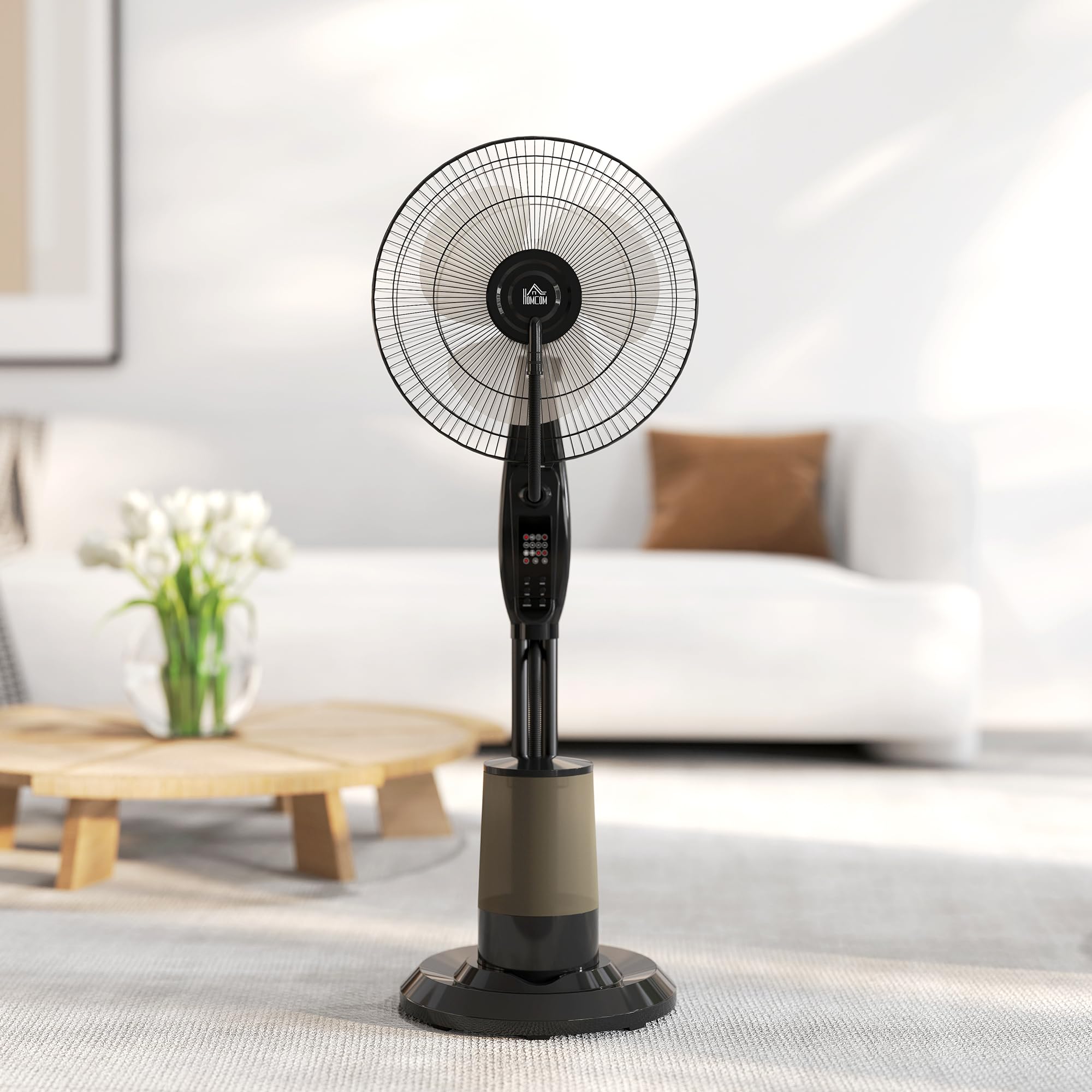 HOMCOM Ventilador Nebulizador de Agua 75 W con Mando a Distancia Ventilador de Pie Oscilante Temporizador Tanque 3,2L 3 Velocidades 3 Aspas y Pantalla LED Ø44,5 cm Negro