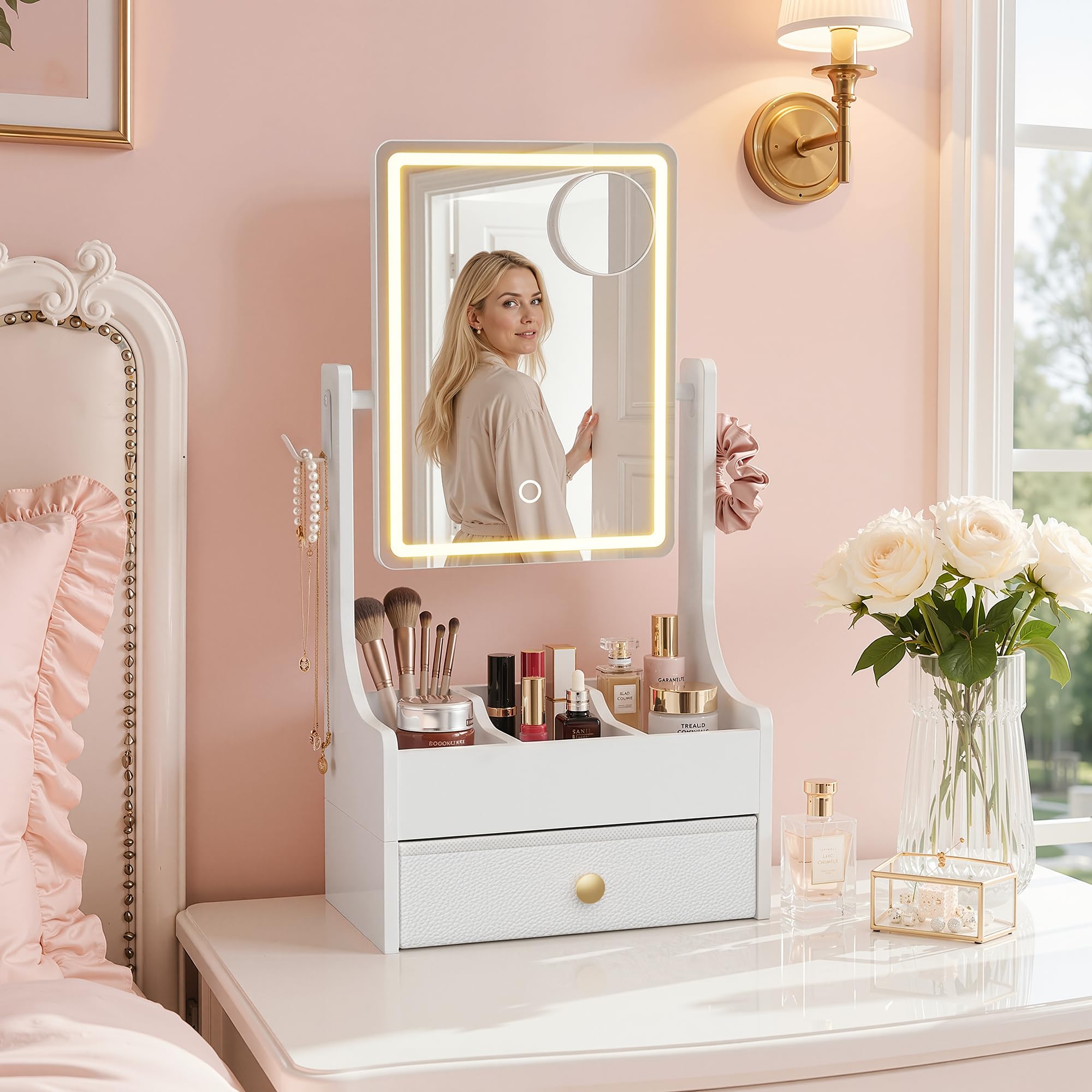 Schminkspiegel mit Beleuchtung, Make-up Organizer, 32 x 66 cm | 360° drehbarer Kosmetikspiegel, 5-fach Vergrößerungsspiegel mit Licht, höhenverstellbar, Tischspiegel & Schminktisch Spiegel