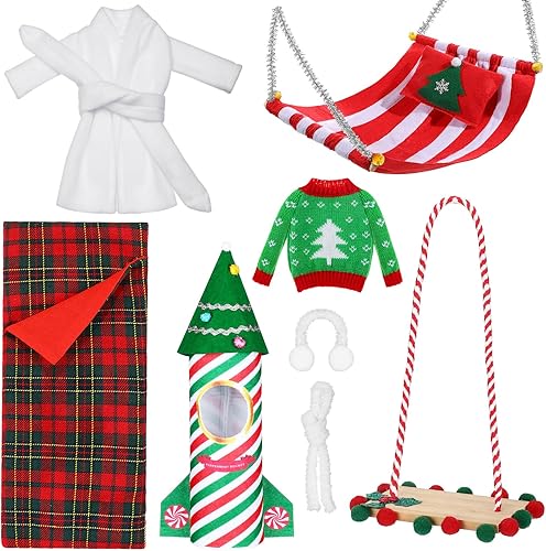 Liitrsh Juego de 8 accesorios de muñeca elfo de Navidad con cohete elfo, saco de dormir de Navidad, suéter, albornoz, orejeras, bufanda, columpio,