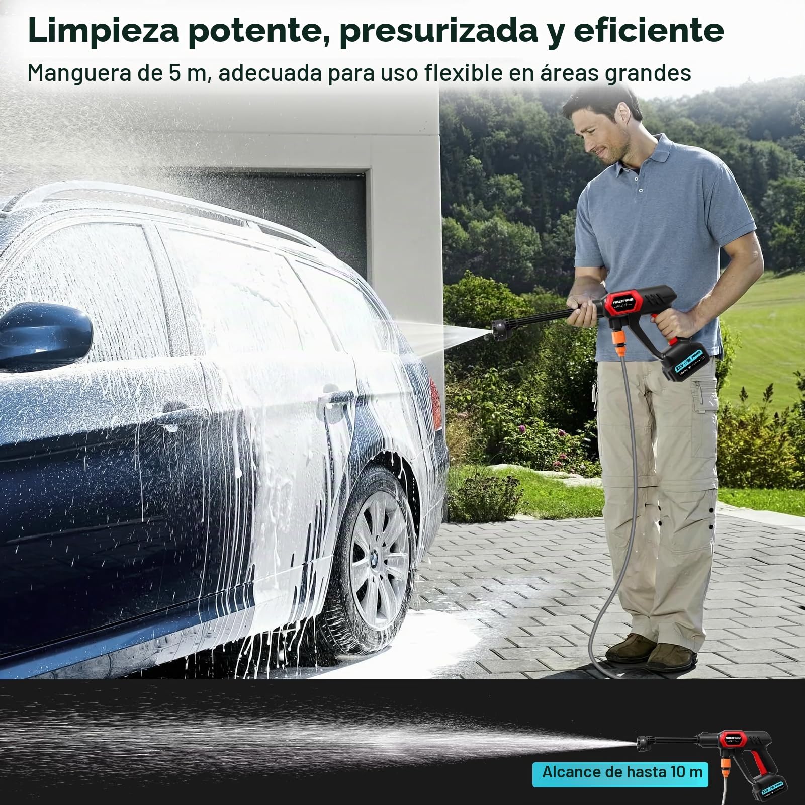 Hidrolimpiadora de Alta Presión, 80 Bar/1160 PSI, Pistola de Agua a Presión con Boquilla 6 en 1, Manguera 5M, Batería 6000 mAh, Portátil para Coches y Jardín