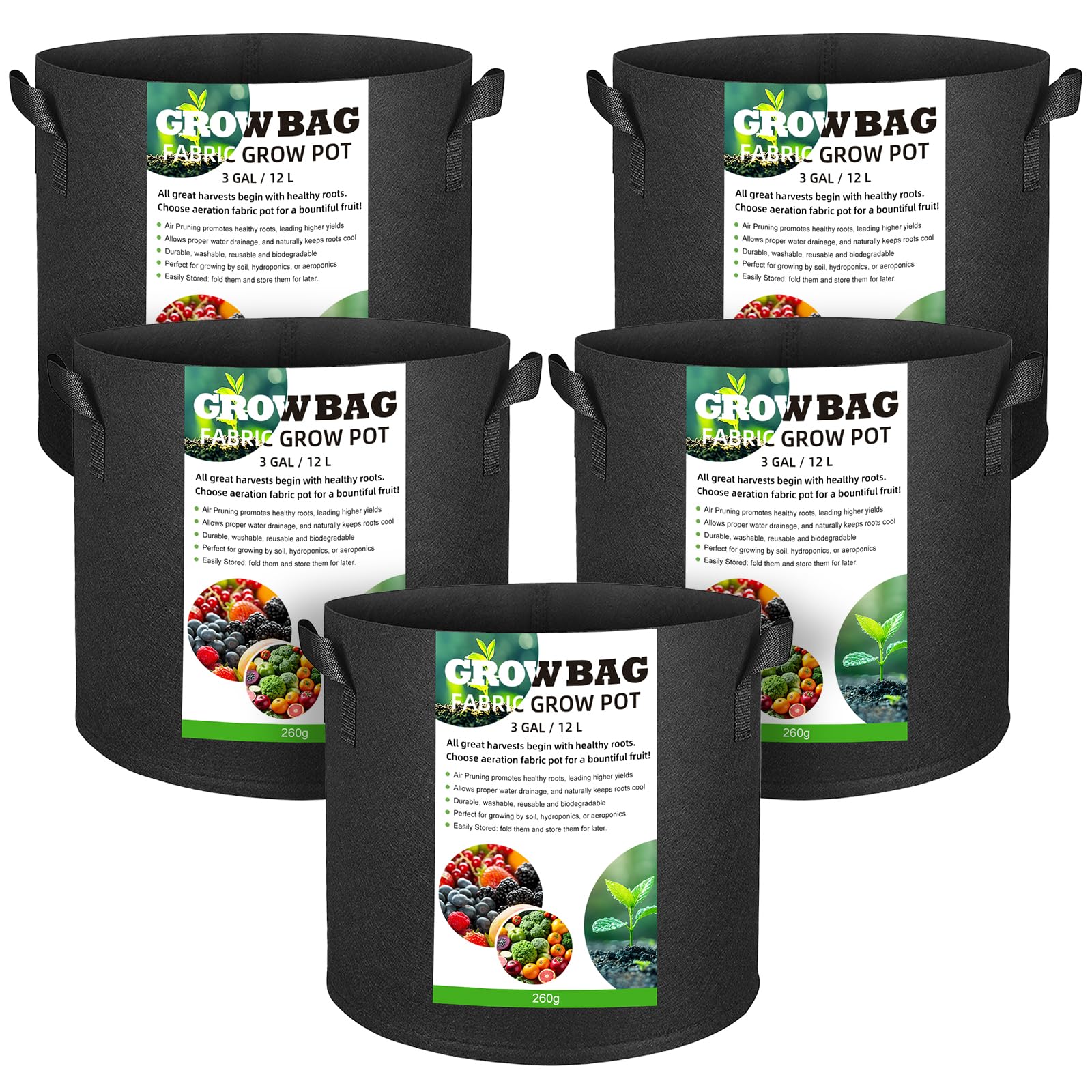 5 Bolsas de Cultivo de Plantas de 12 l, macetas de Tela no Tejida Transpirable con Asas para Patatas, Tomates y Fresas (3 galones)