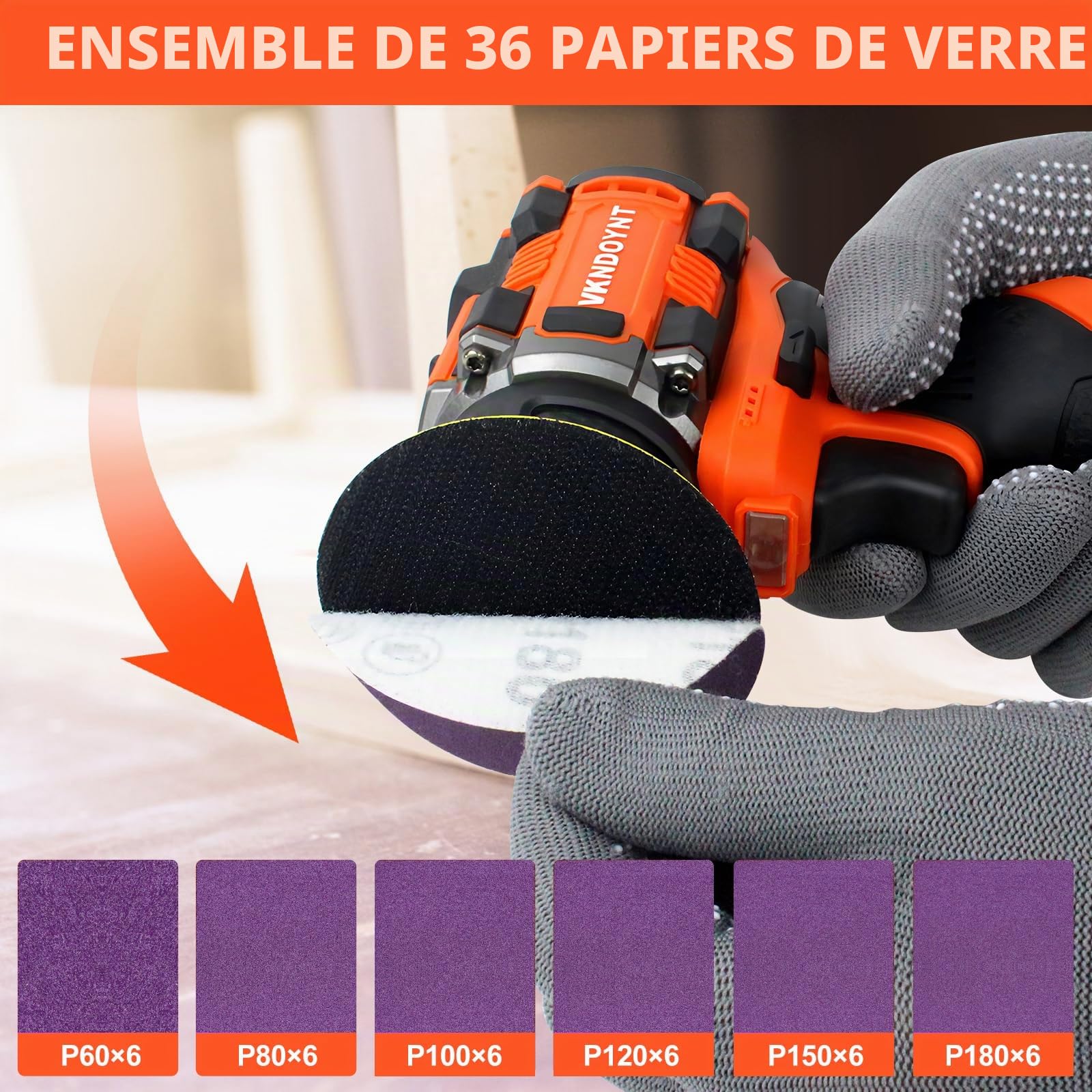 Petite ponceuse sans balais avec 36 papiers de verre, ponceuse sans fil à 2 vitesses variables (0-500/0-3000 tr/min), batterie 3,0 Ah, ponceuse électrique mini au design compact pour bois, métal