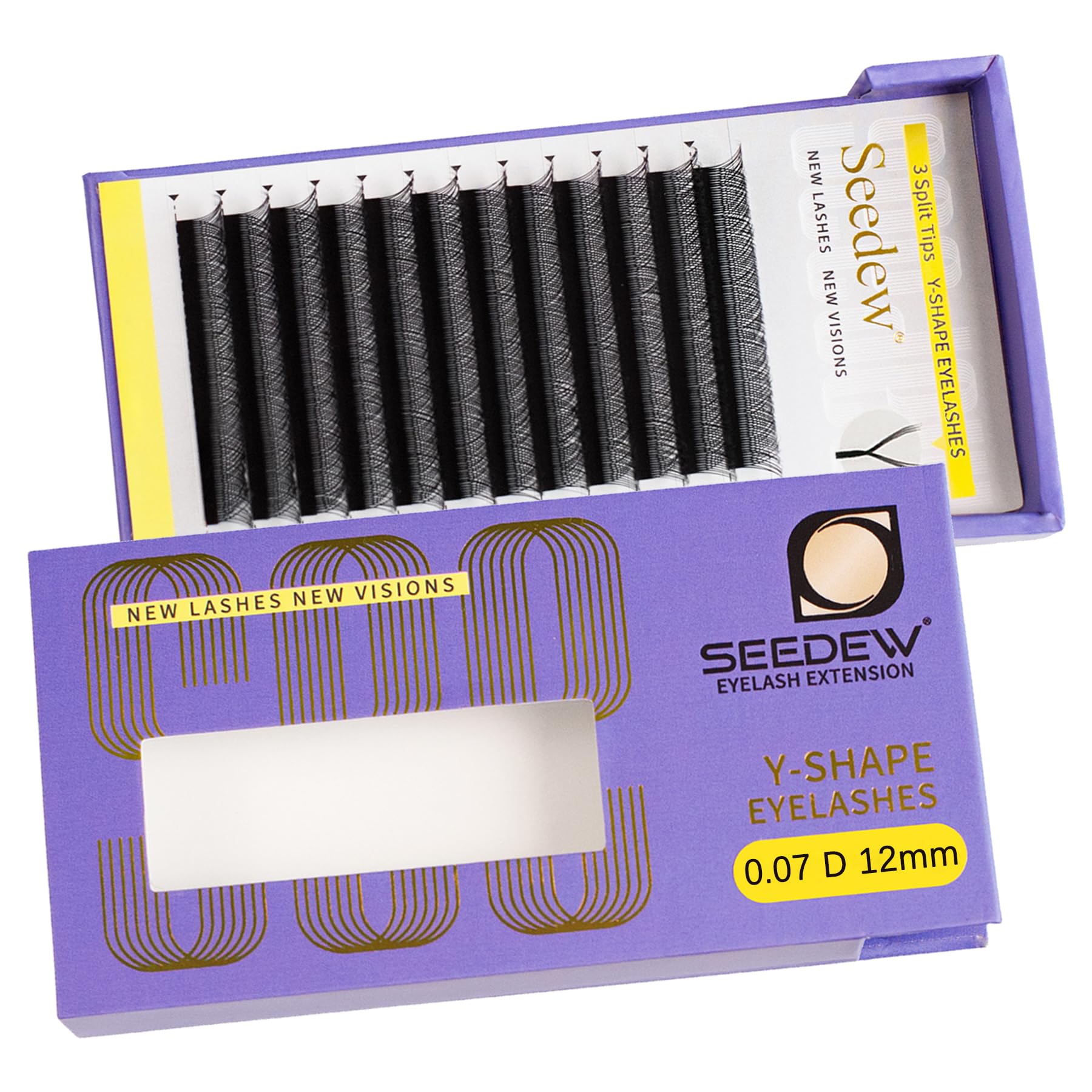 Extensiones Pestañas YY, Triple Y 0,07mm D Rizo 12mm 12 Filas/Bandeja, Forma Y 3 Consejos Divididos Tallo Largo Plano, Suaves Injerto Pestañas para Artistas, Salón Belleza(Negro-0,07-D-12mm)
