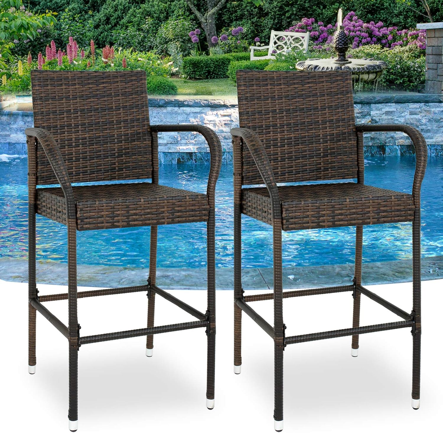 Set of 2 Wicker Bar Stool All Weather Outdoor Backyard Rattan Chair Patio Furniture with Armrest and Footrest