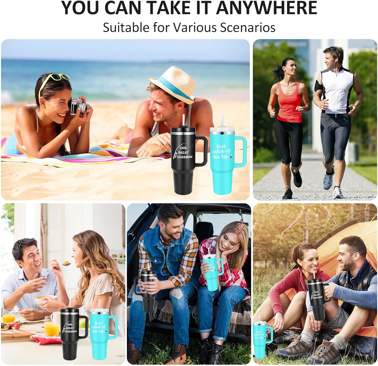 Fisherman Gift for Couples Tumblers Set, Best Catch of His Life Tumbler with Straw & Handle, 40 oz Stainless Steel Travel Mug for Newlyweds Engagement Wedding Bridal Shower Anniversary Presents - Image 5