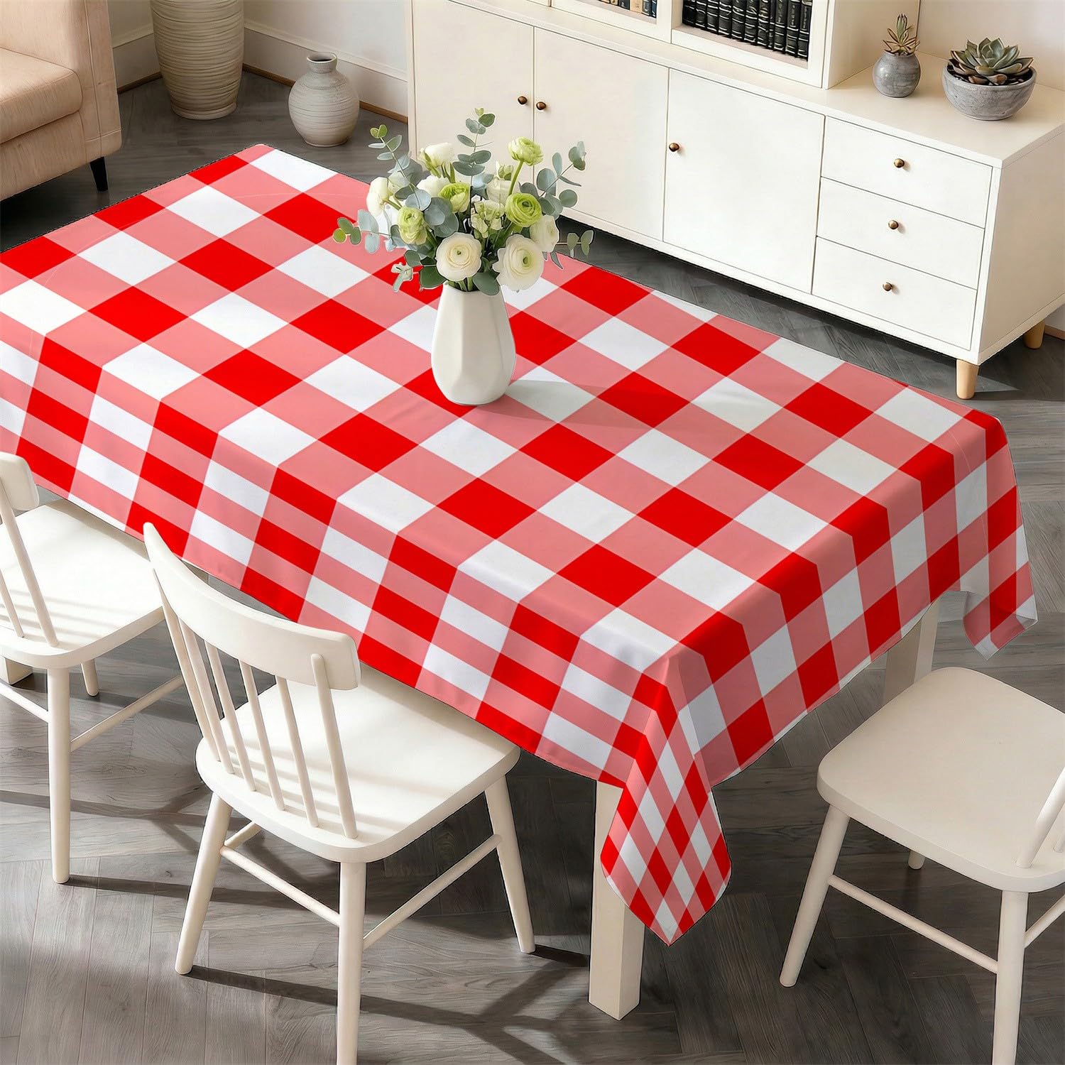 Vichy Karo wasserdichte Tischdecke 140x260 cm Rechteckig, Rot Weiß Kariert Fleckabweisend Pflegeleicht Polyester Tischdecke für Esszimmer Balkon Outdoor W-8
