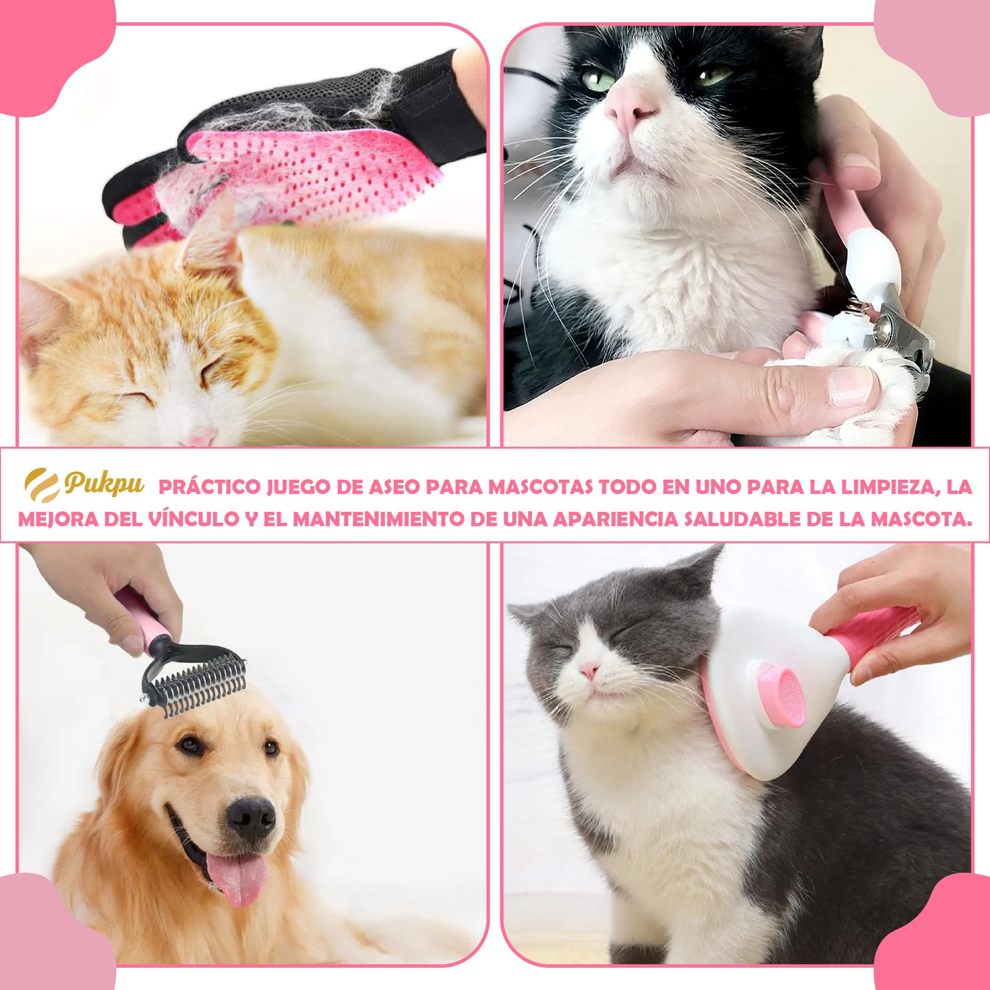 Kit de Aseo para Mascotas 9 Piezas Rosa – Cepillo Gato Pelo Corto, Deslanador Perros, Guante Quitapelos, Limpia Patas, Cortaúñas Gato, Peine y Cepillo Dental