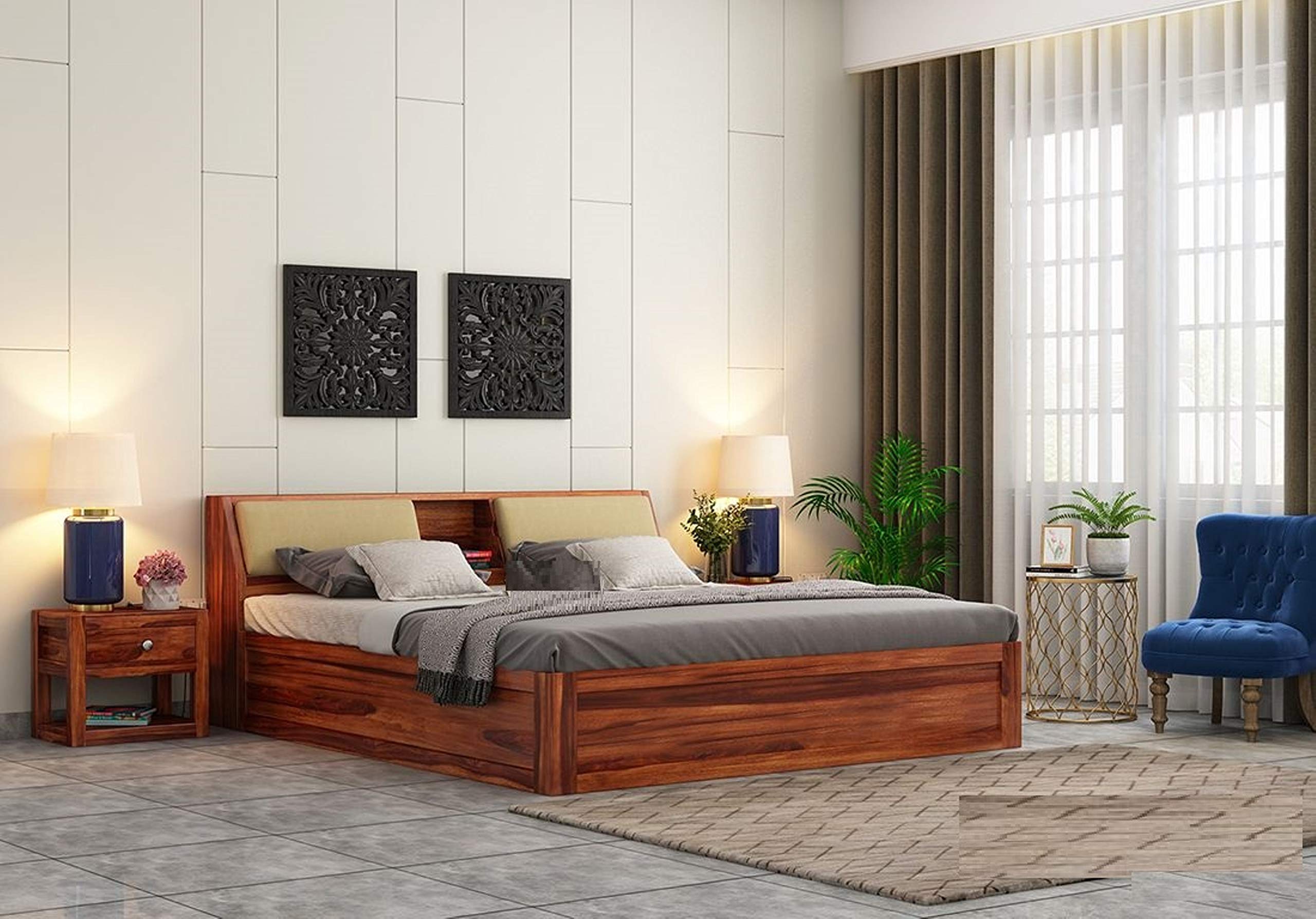 Buy EBANSAL Wooden Queen Size Bed for Bedroom Solid Wood Double Bed
