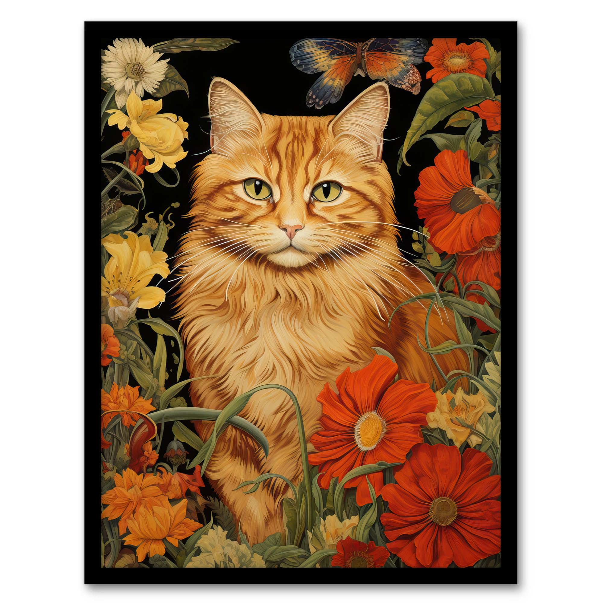 Artery8 Ginger Tabby Cat Floral Painting Orange Red Spring Flower Blooms Detailed Retro Style Low-Key Animal Portrait Art Print Framed Poster Wall Decor 12x16 inch
