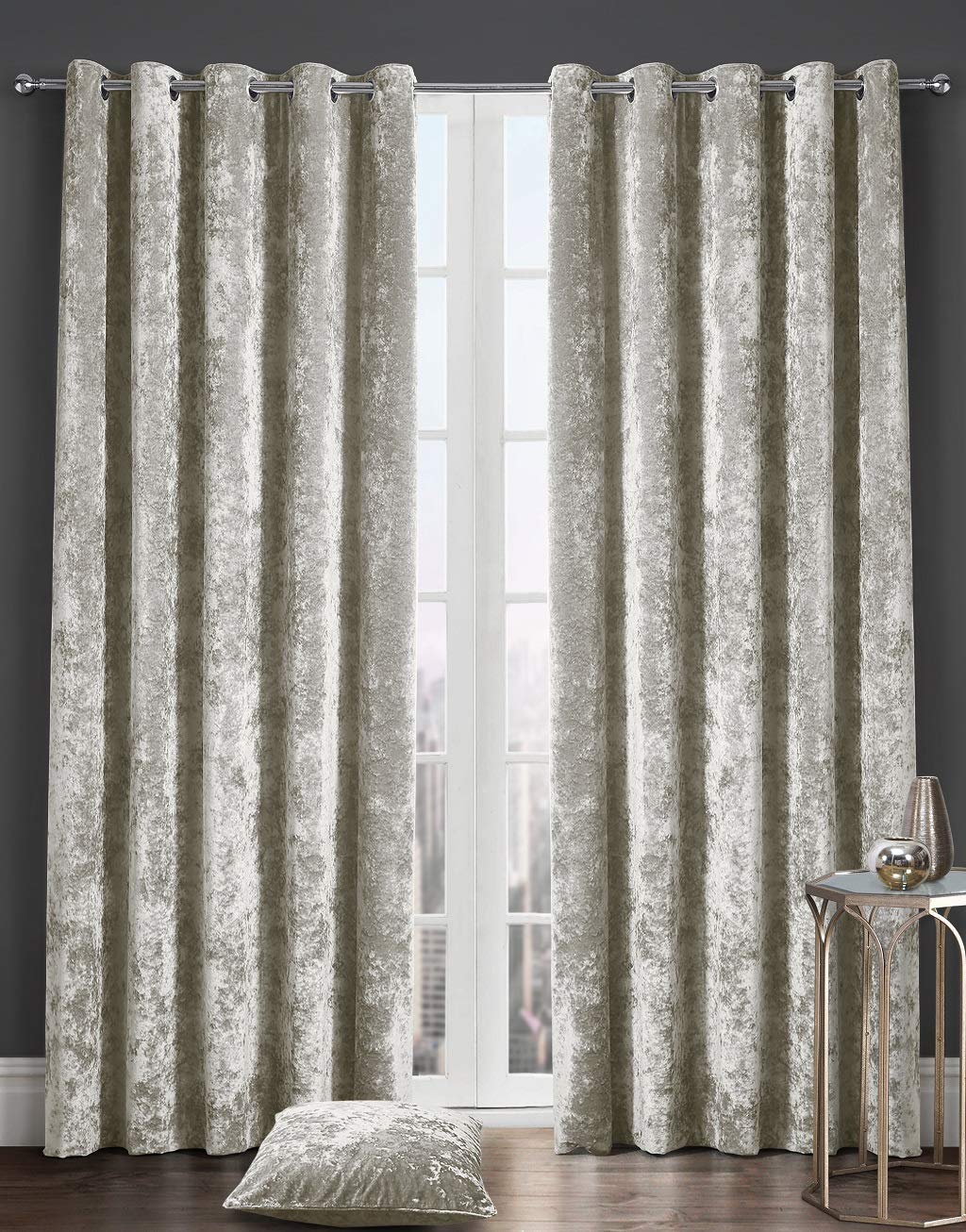 LIZZIE JACOBS 2 Panel Crushed Velvet Curtains Eyelet Ring Top – Luxury Soft Fully Lined Thermal Insulated Curtains Pair for Living Room & Bedroom, Room Darkening Window Treatment (Cream, 66x90 Inch)