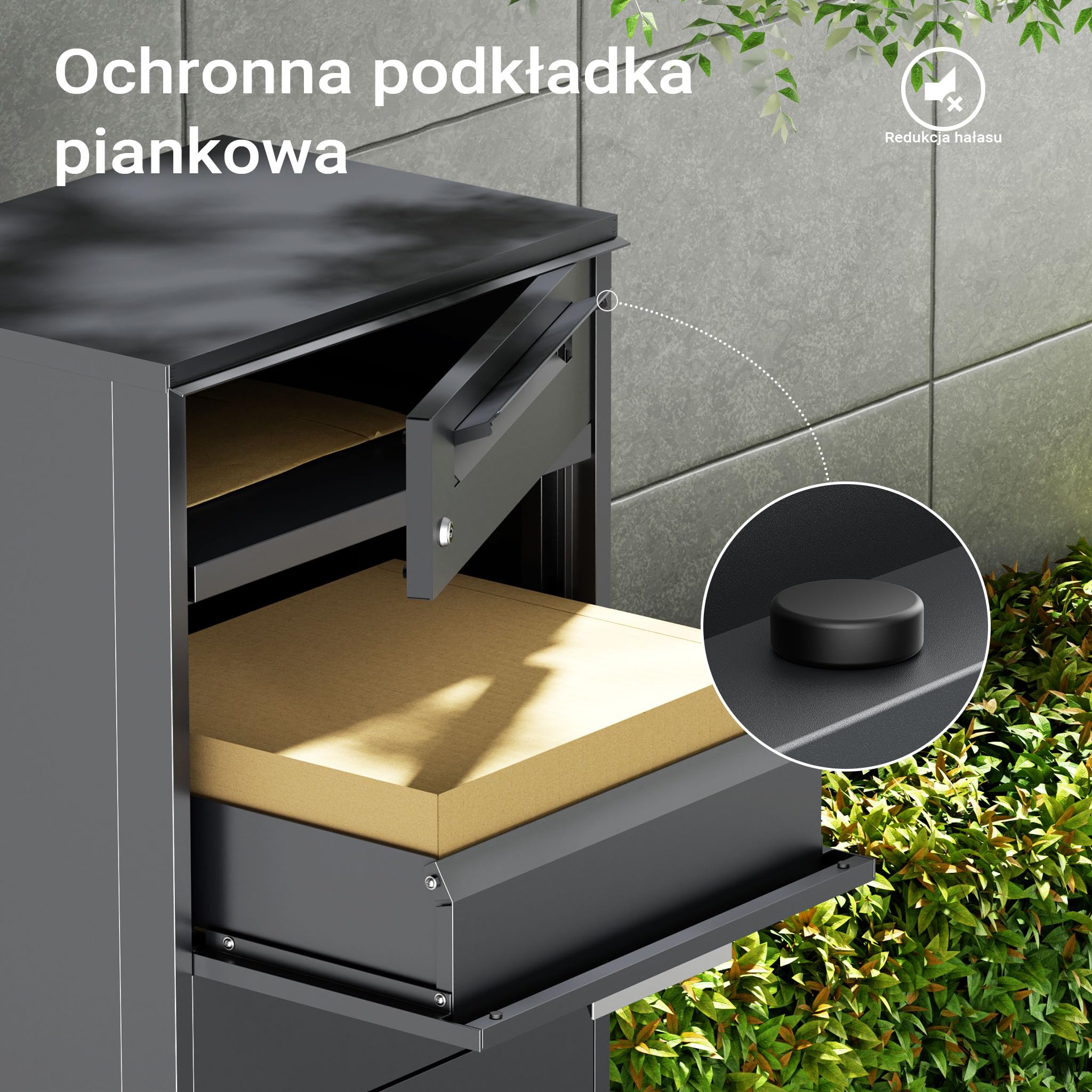 Wolnostojąca skrzynka na listy i paczki antracytowa 500 x 370 x 1120 mm, pojemnik na paczki z zabezpieczeniem korespondencji, skrzynka kurierska