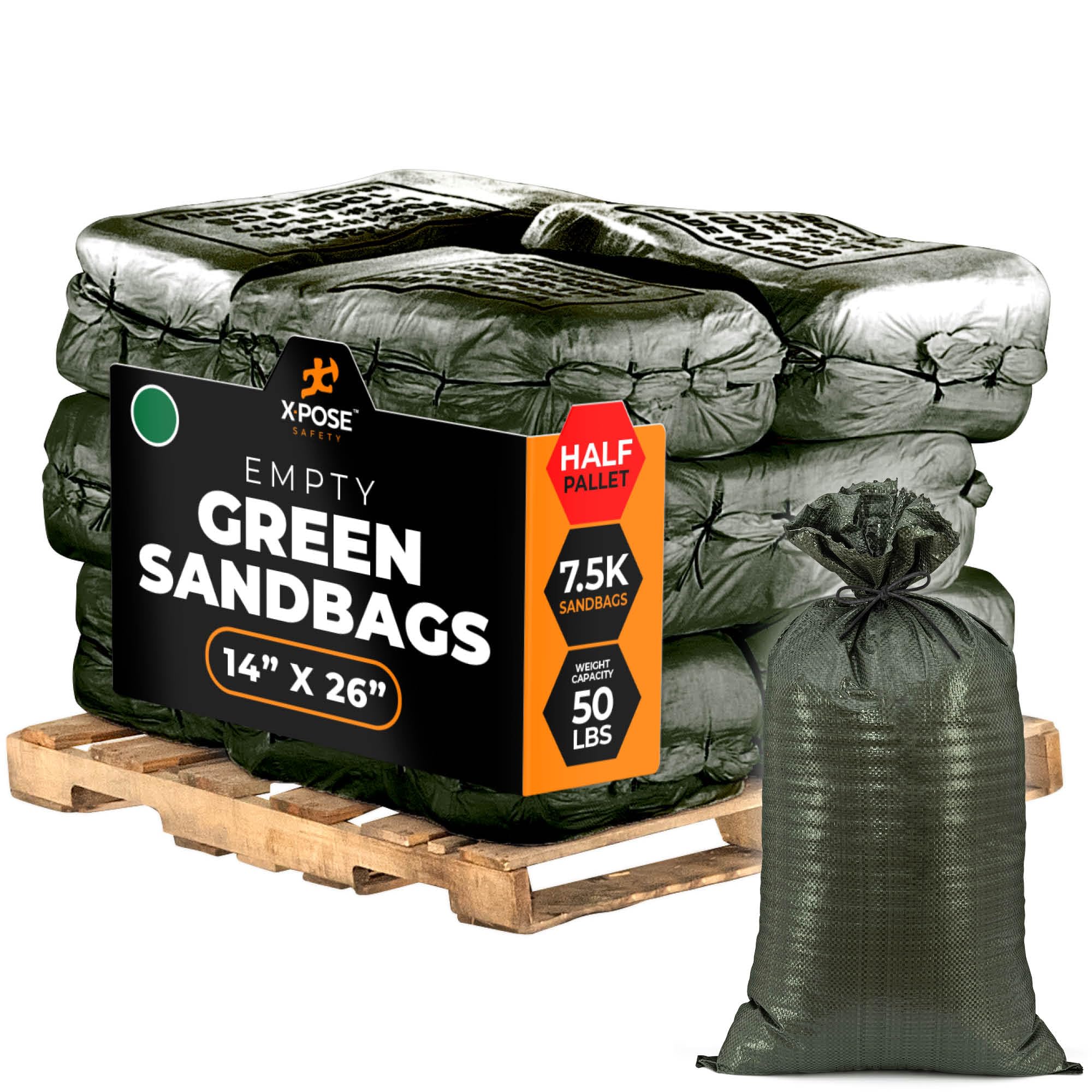 Xpose Safety Heavy Duty Sand Bags with Tie Strings – Empty Woven Polypropylene Sandbags for Hurricane Flood Protection, 50 lb Capacity, 14" x 26", Green, Bulk Half Pallet Pack of 7500