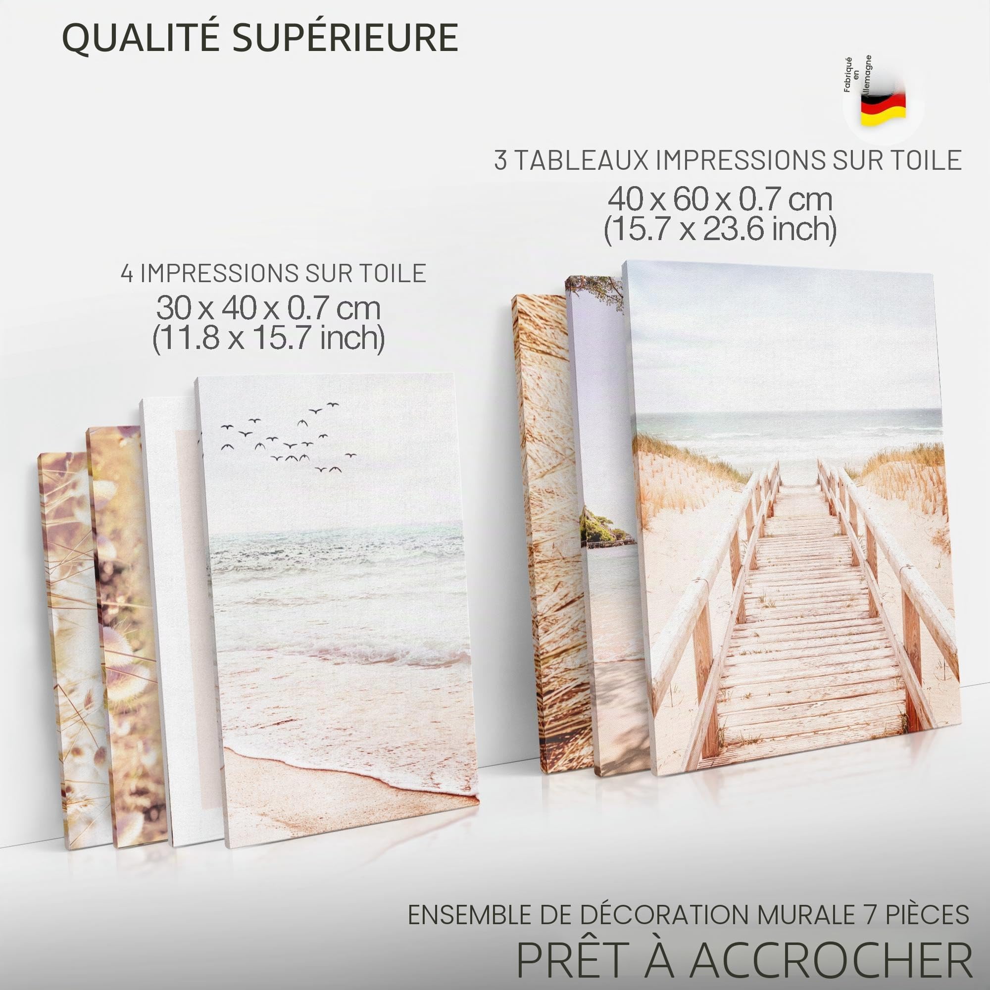 Novart PRÊT À ÊTRE ACCROCHÉ - Tableaux Decoration Set Plage Mer Boho beige - Salon Chambre Couloir XXL Collage - N038172a