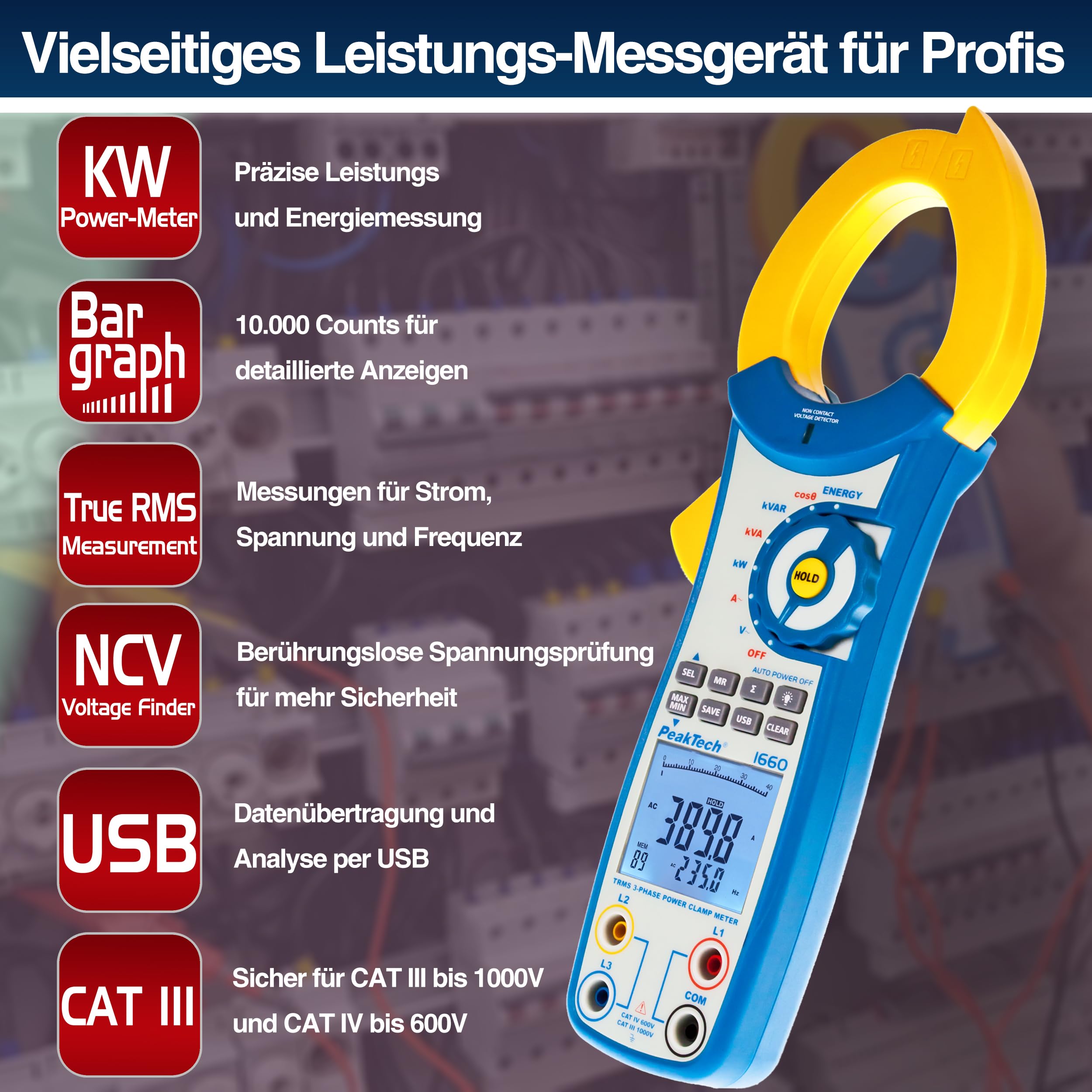 Peaktech P 1660 – Pinza Amperometrica Efficiente con USB, 1000A Ca, 9999 Conteggi, Multimetro Digitale per Kw, kWh, Kva, Tüv/Gs, Pinza Amperometrica, Voltmetro senza Contatto, Tester di Continuità