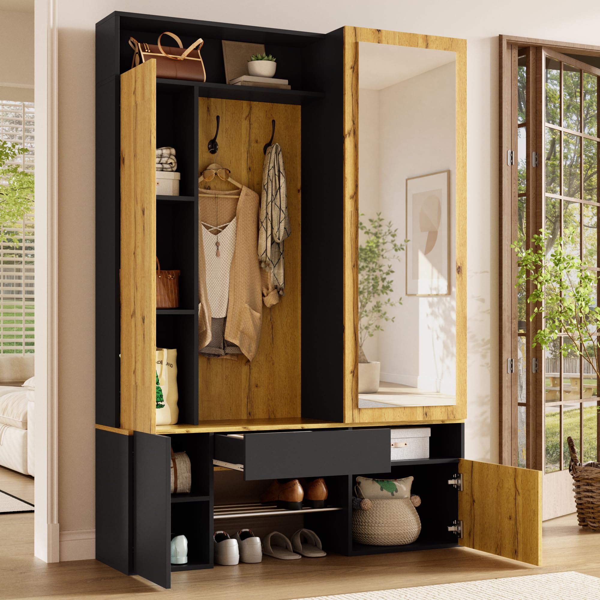 Armario de madera MDF con espejo, color negro natural, zapatero, perchero, perchero, gancho