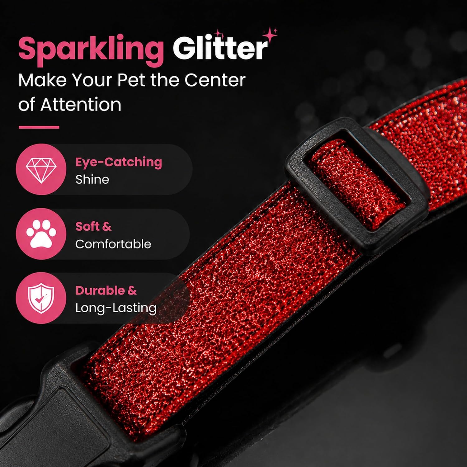 TDTOK Glittering Basic Dog Collar, Comfy & Durable Dog Collar for Small Medium Large Dogs with Eco-Friendly Plastic Buckle, Adjustable Stylish Nylon Dog Collars, Fit Necks: 9.8-22.4’’ (L, Red) image 5