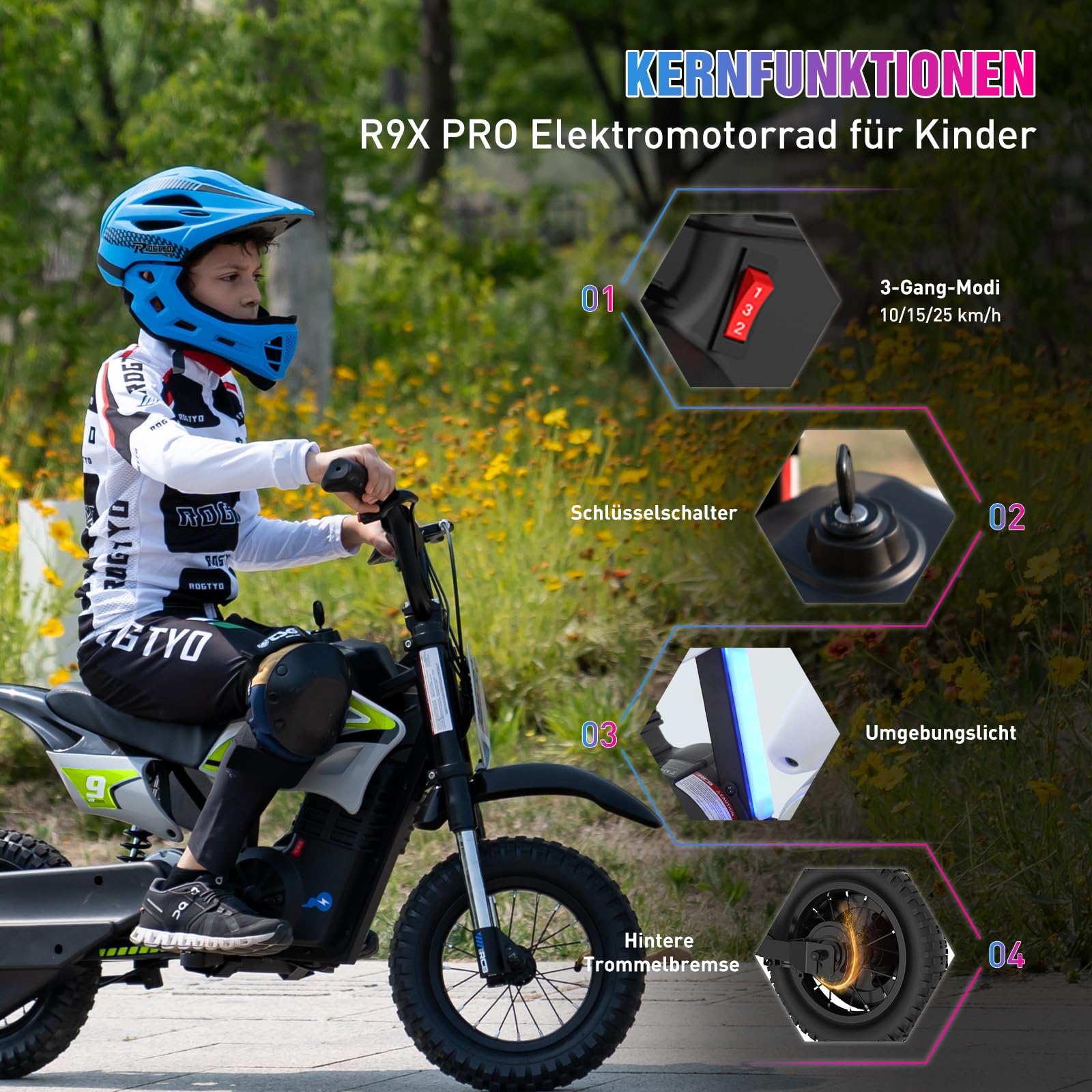 R9X PRO Elektro Motorrad Kinder, Elektromotorrad mit 350W Motor & 5,2AH Akku, 16km Reichweite, 10/15/25 km/h, Doppelstoßdämpfer, 12 Zoll Reifen, Drum-Bremse, Moto für Kinder bis 80kg (Grün)