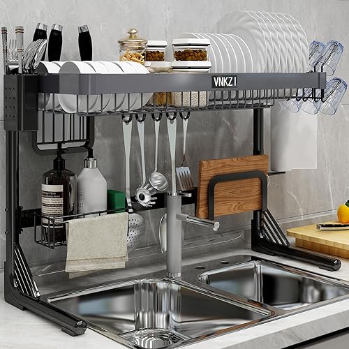 VNKZI Escurridor de platos sobre el fregadero, 2 niveles de almacenamiento de acero inoxidable de longitud ajustable (25.98 a 36.61 pulgadas),