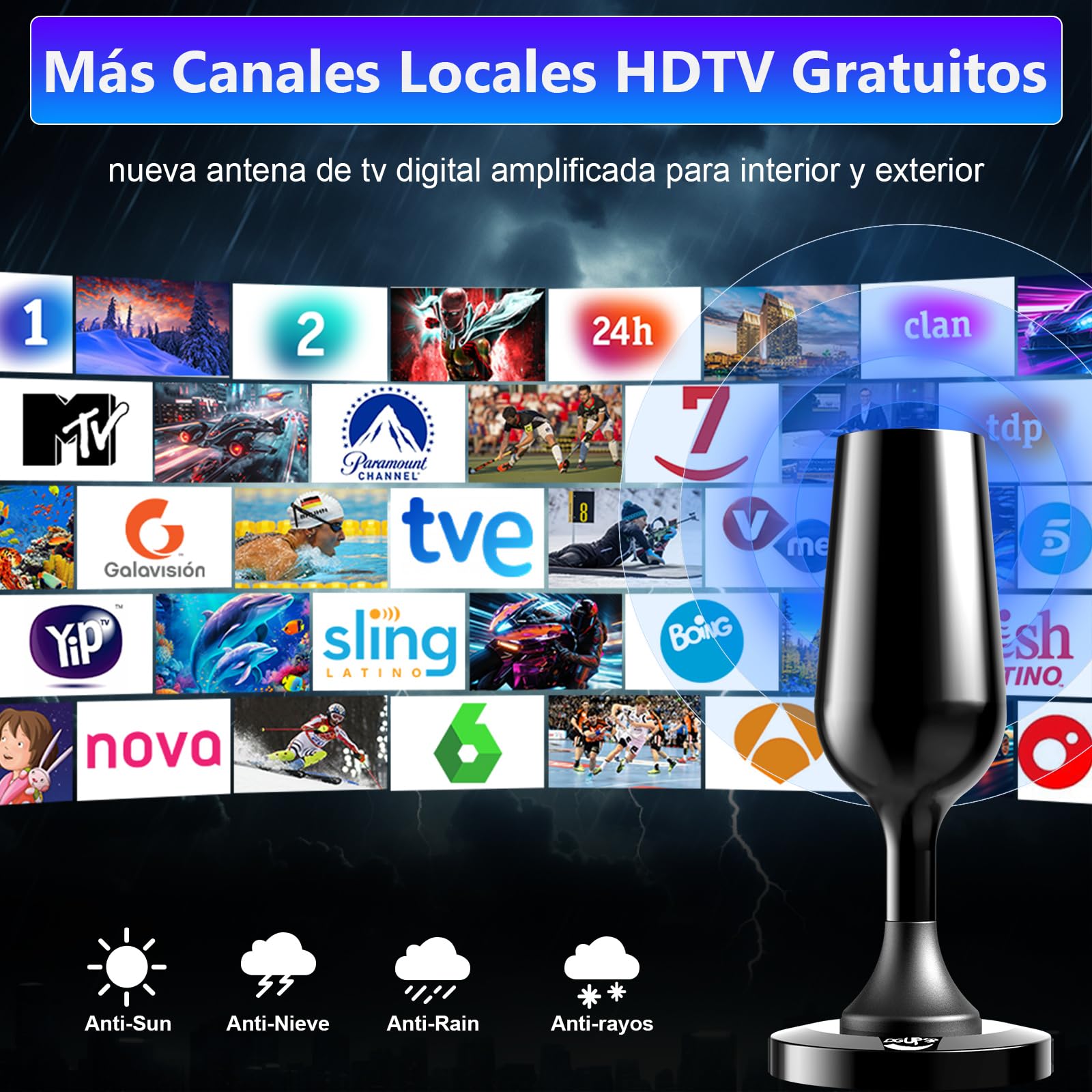 Antenna TV interna potente 2025, digitale antenna TV portatile con base magnetica e amplificatore di segnale - 4K 1080P VHF UHF DVB-T2 DVB-T - (nero)
