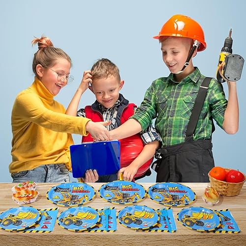 Miniatura 6 de SCIONE 96 piezas de suministros de fiesta de construcción, platos de camión volquete, decoraciones de fiesta de cumpleaños para niños, juego de