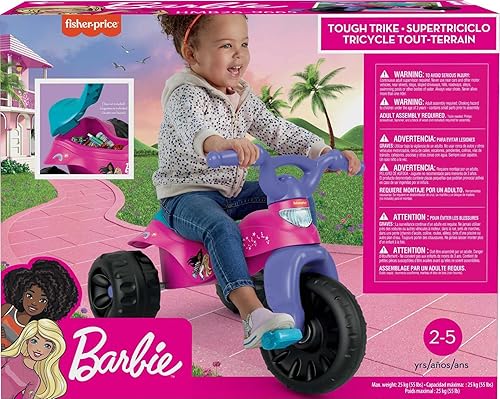 Vista 6 de Fisher-Price Triciclo para niños pequeños Barbie Tough Trike, bicicleta de juguete con agarres de manillar y almacenamiento para jugar al aire