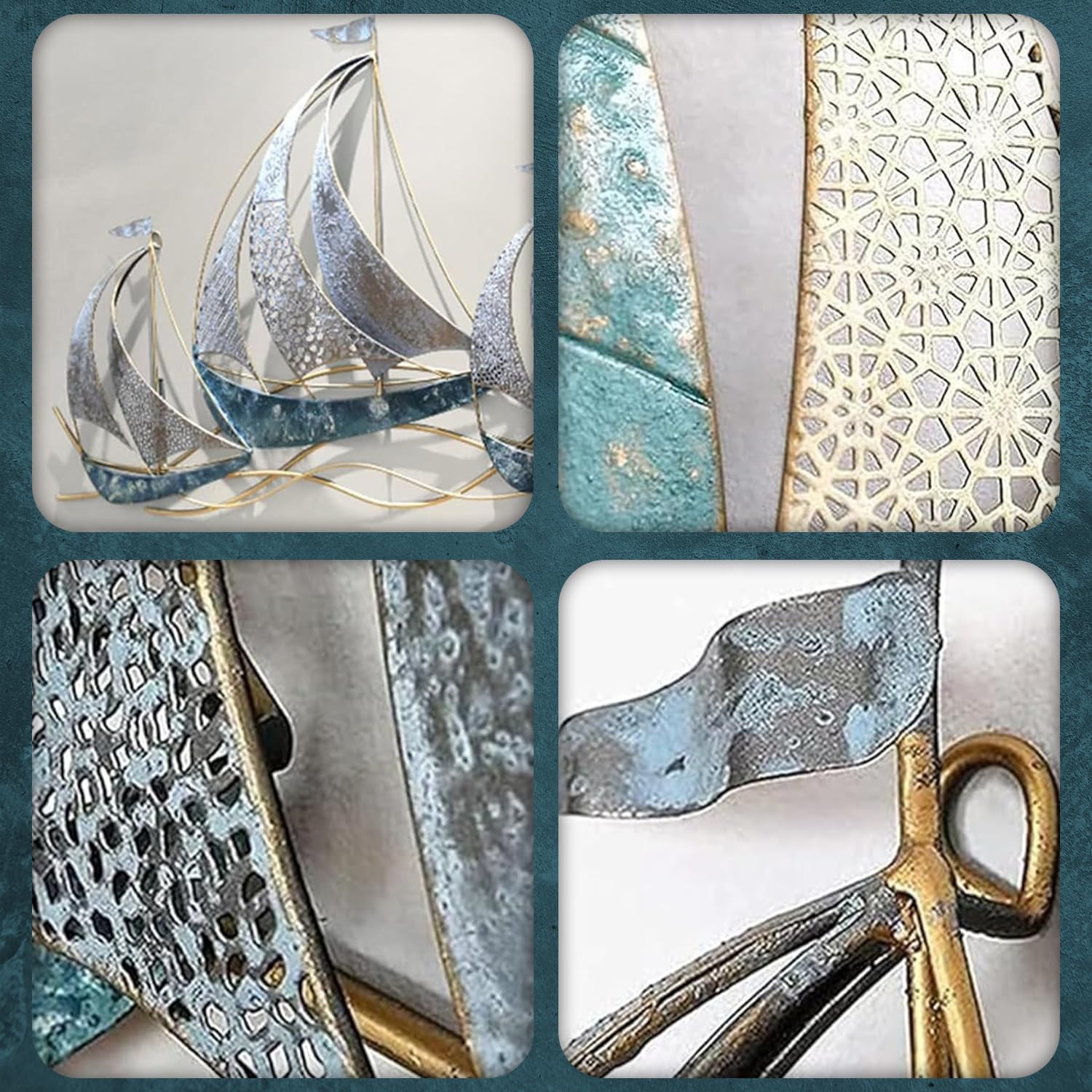 Decorazione da Parete in Metallo Barca A Vela Set 3 Pezzi, Decorazione Marina Blu per Soggiorno Camera da Letto Bagno Interno & Esterno