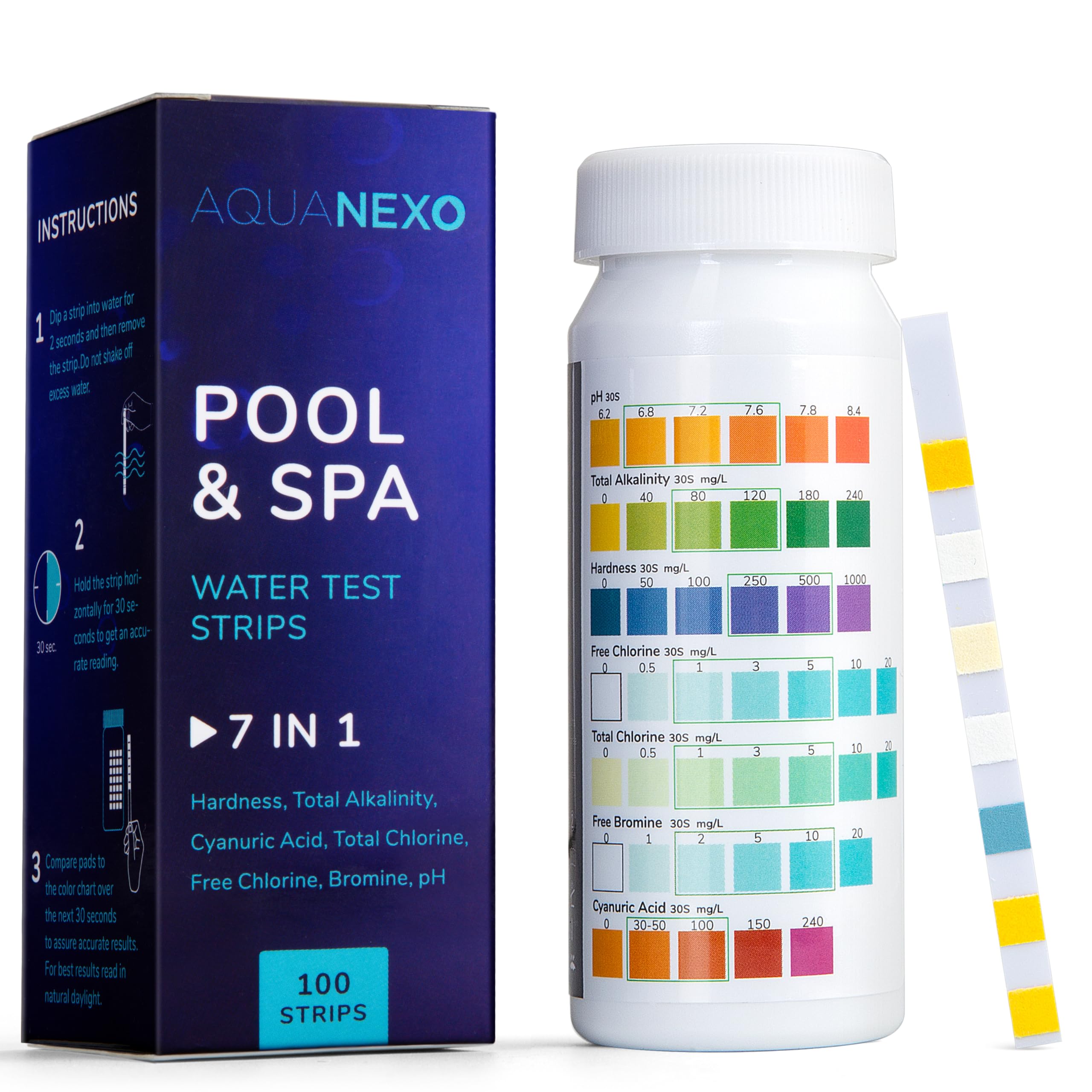 AQUANEXO 100 Pool Teststreifen 7-in-1 für pH, Chlor, Brom, Alkalinität, CYA & Gesamthärte, Pooltester für Schwimmbadsäur