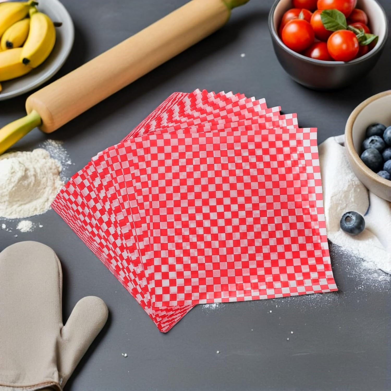 Greaseproof Baking Paper Sheets 500pcs 30x30cm Checkered Non-stick Waxed Food Basket Liners for Sandwiches Burgers and Cooking Wraps Suitable for Picnic Bbq and Air Fryer