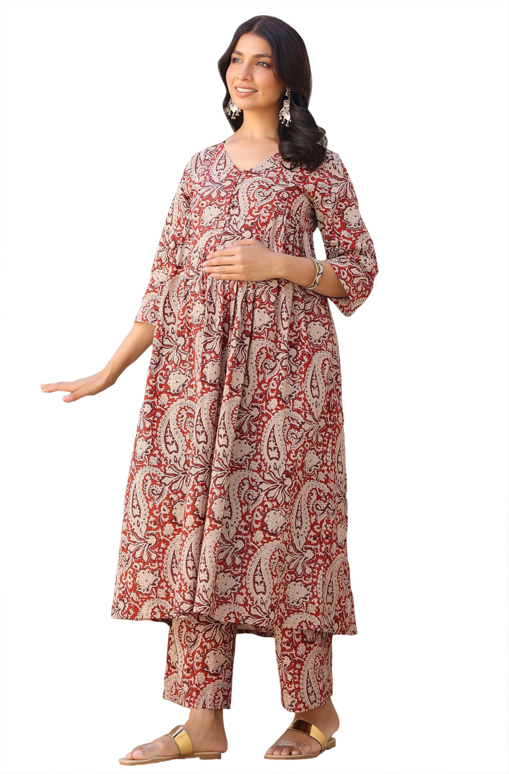 Women's Maroon Pure Cotton Paisley Printed A-line Maternity Kurta Pant Set-image-20