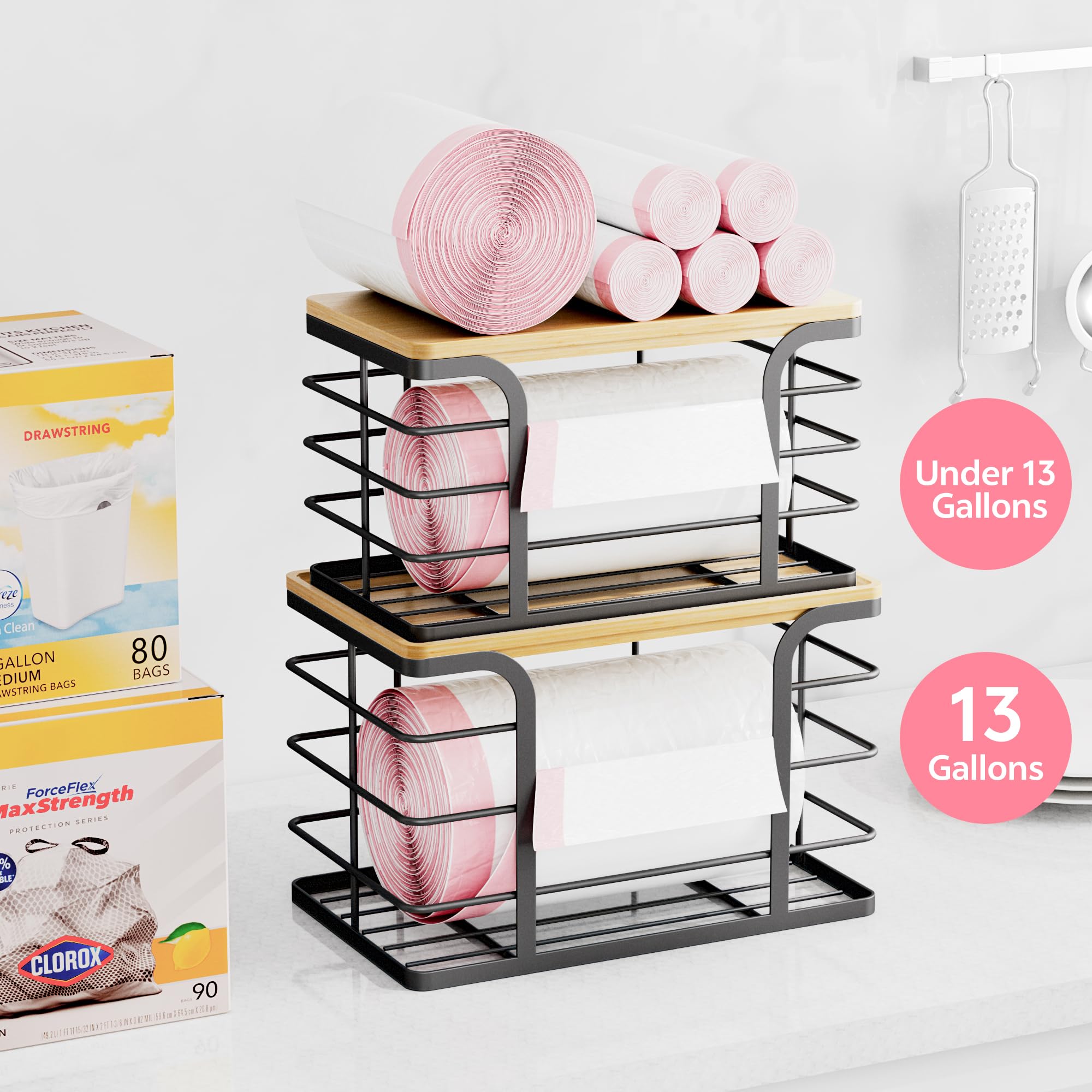 Paquete de 2 organizadores apilables de almacenamiento para cocina, lavandería, despensa, soporte para bolsas de basura con parte superior de bambú, dispensador de bolsas de basura de