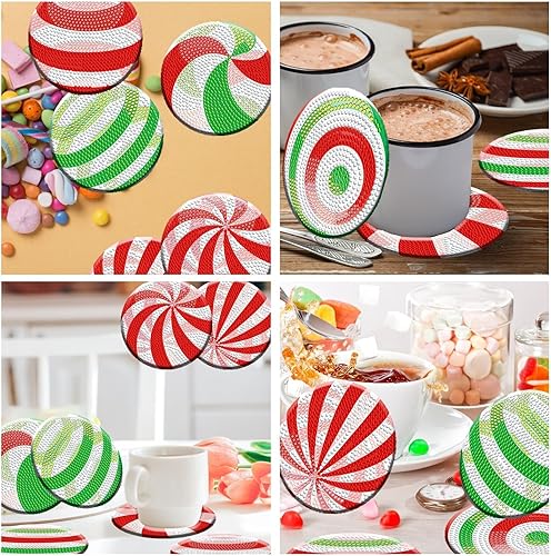 Miniatura 6 de 8 posavasos de diamantes de Navidad con soporte para bricolaje, bonitos posavasos de arte de diamantes 5D, posavasos redondos de acrílico con