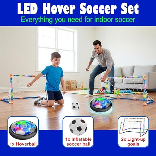 Miniatura 3 de Kiddie Play Hover - Juego de pelota de fútbol con 2 porterías iluminadas, fútbol flotante de potencia aérea interior, pelota inflable y bomba de
