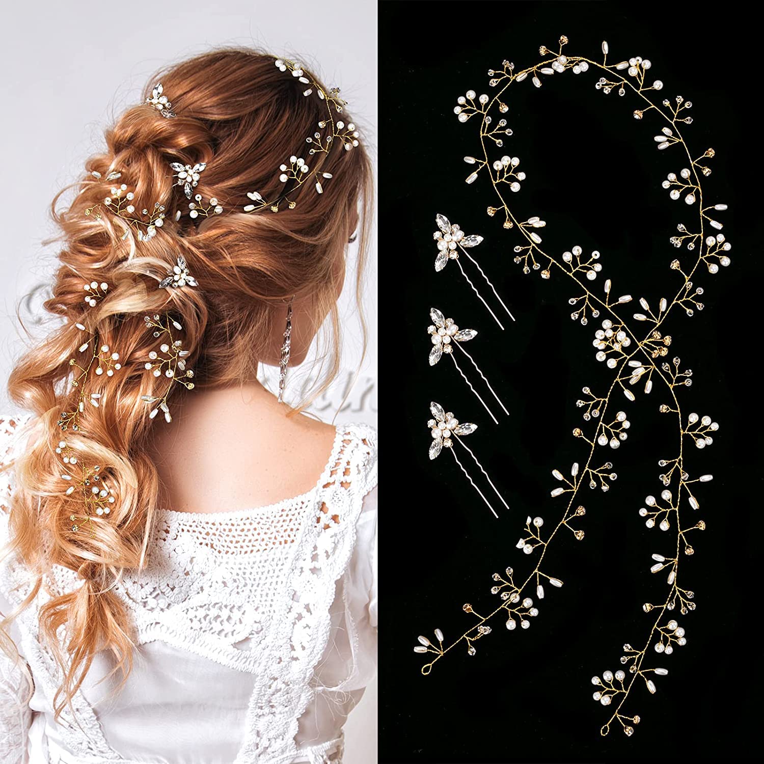 THE WHITE SHOP Bride Wedding Crystal Hair Vine Hair Accessories Extra Long Pearl and Crystal Beads Bridal Hair Vine Headband Head Pieces for Women and Girls