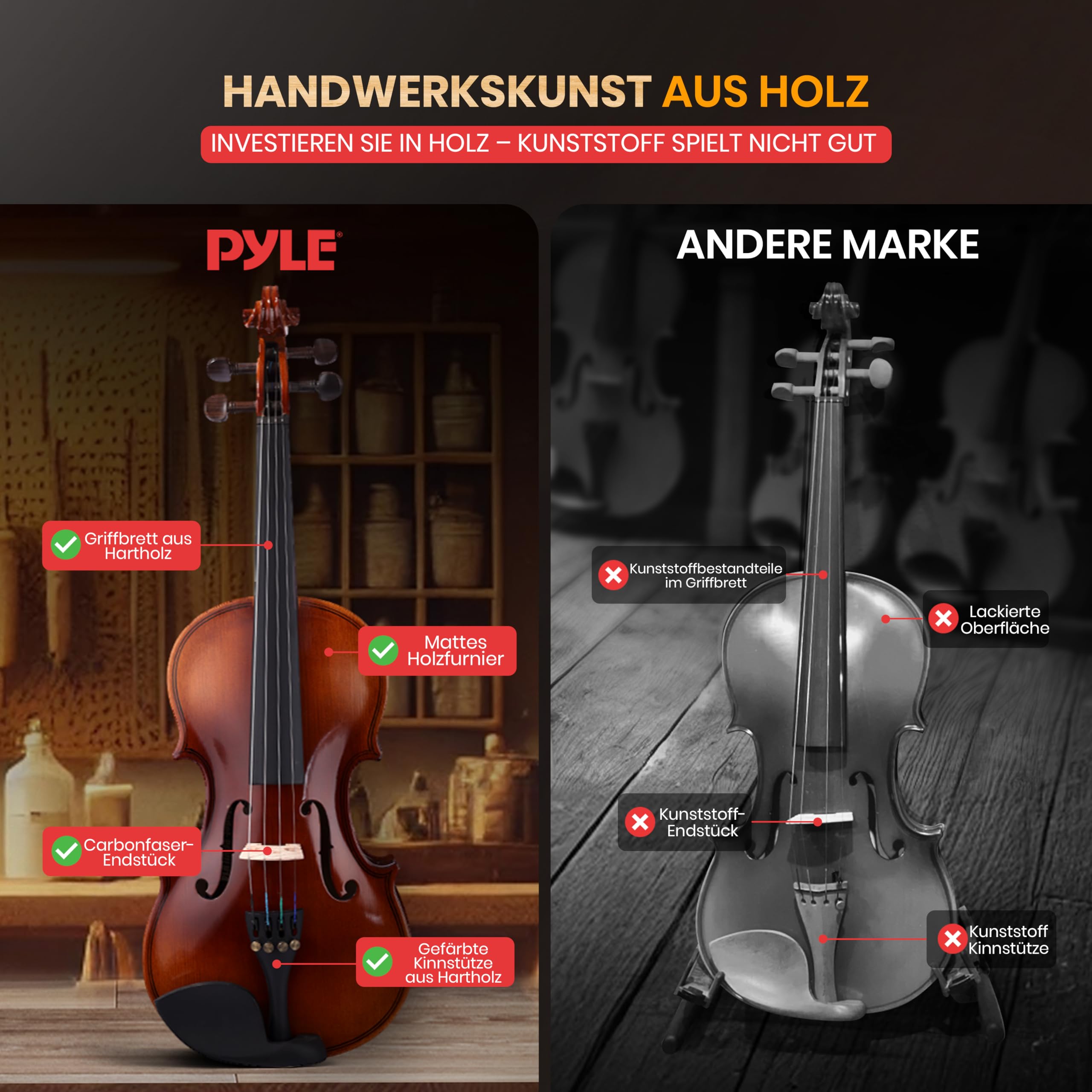 Pyle Violine Set Größe 1/4 – Leichtes Streichinstrument mit hochwertigem Holzfurnier – Geige mit Zubehör inkl. Geigenkoffer, Kolophonium, Violine Stimmgerät, Ersatzsaiten & Bogen – für Kinder ab 5
