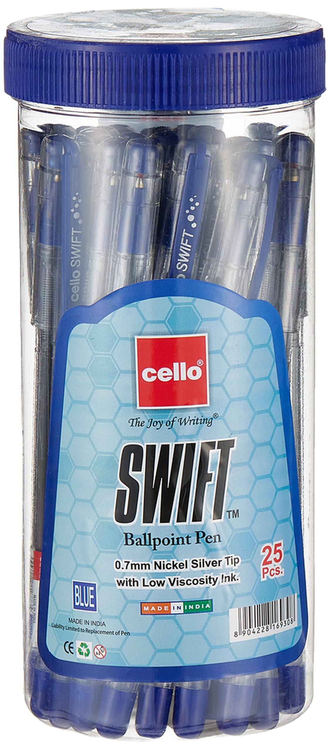 Cello SWIFT7-25JB Swift Ball Pen 0.7mm Jar Of 25Pc Blue, Nickel Silver Tip With Low Viscosity Ink.