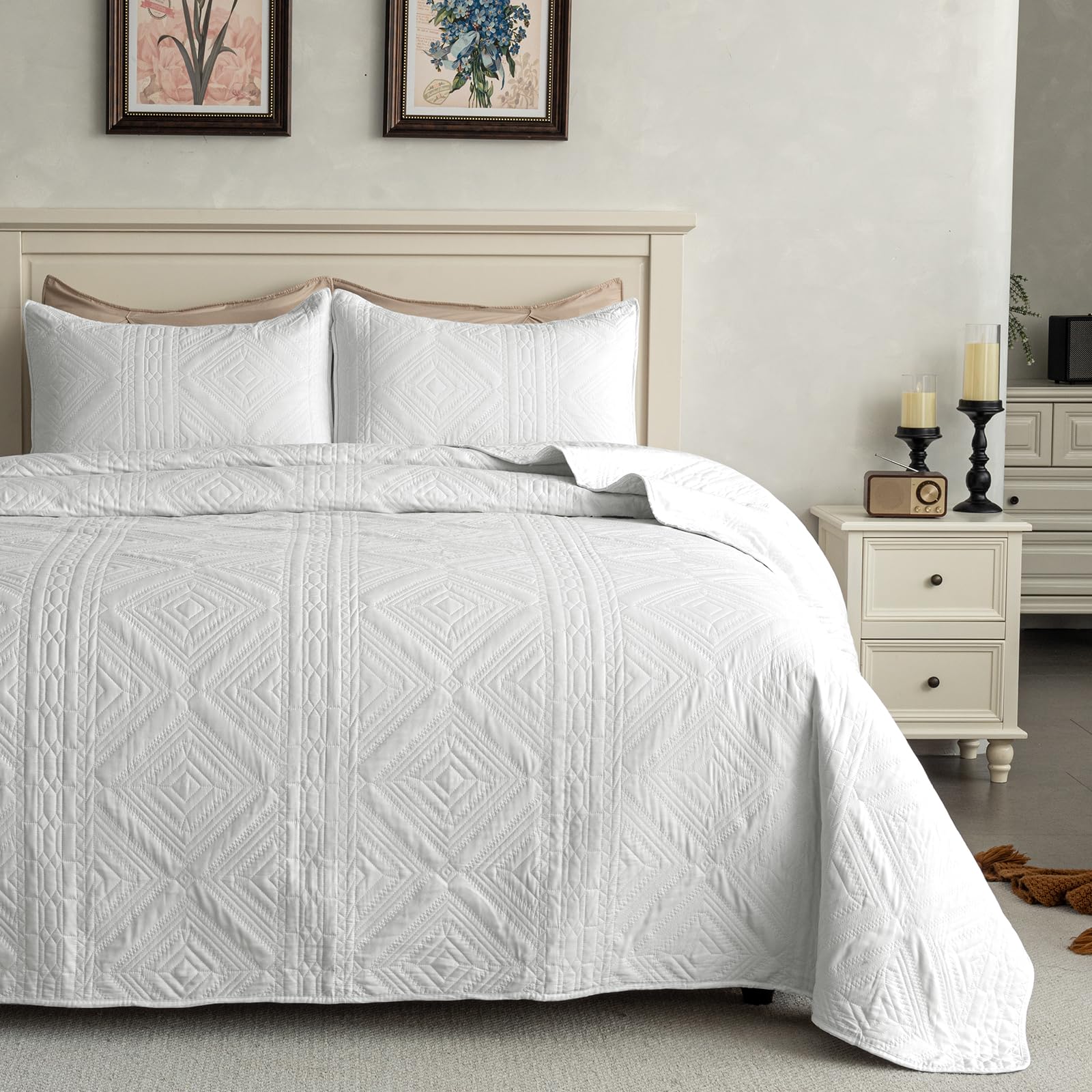 Amazon.com: sponwilar Queen Quilt White Quilt Cover Set Queen Size-Soft ...