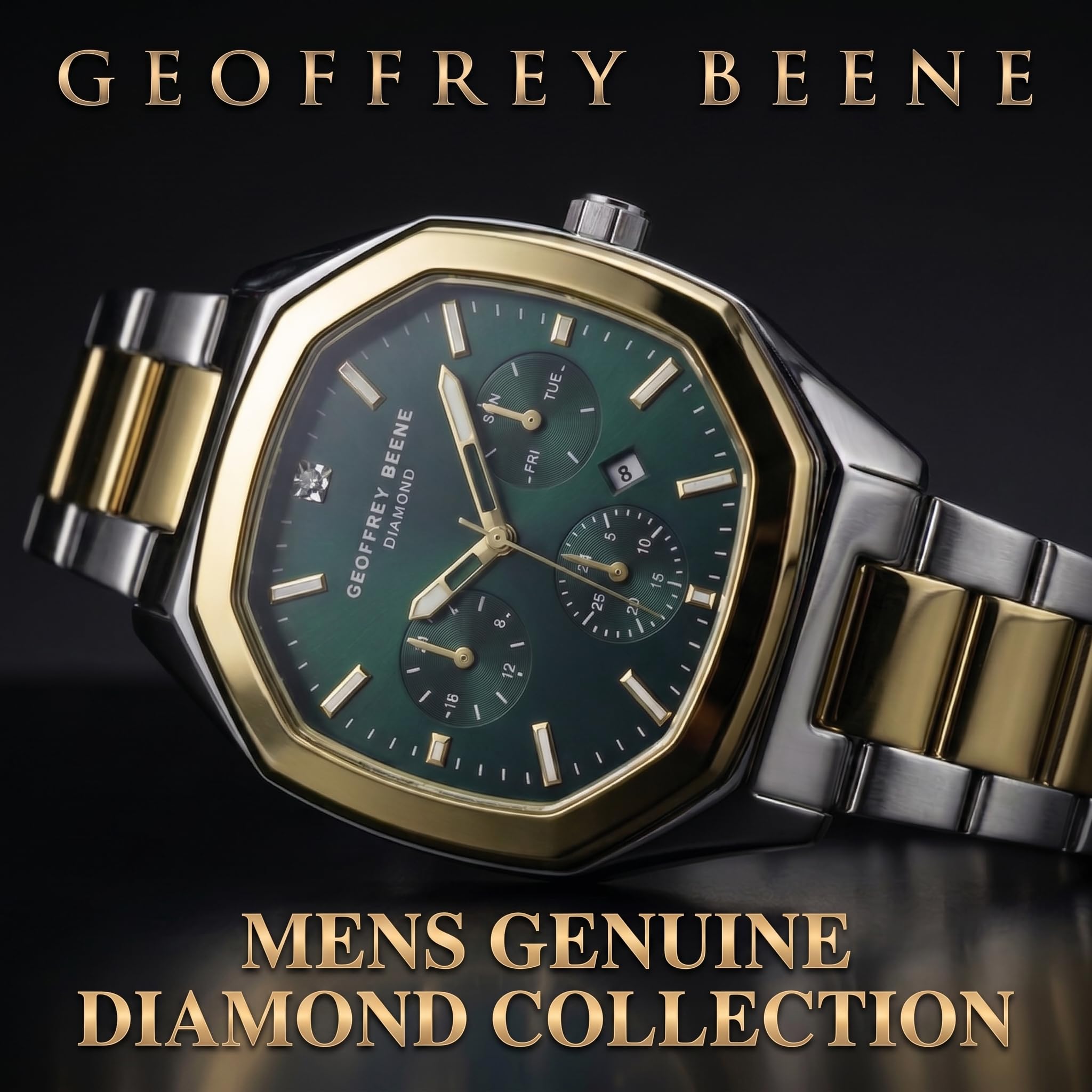 Geoffrey Beene Orologio da uomo in metallo, quadrante con diamanti autentici, al quarzo, datario, design elegante (argento)