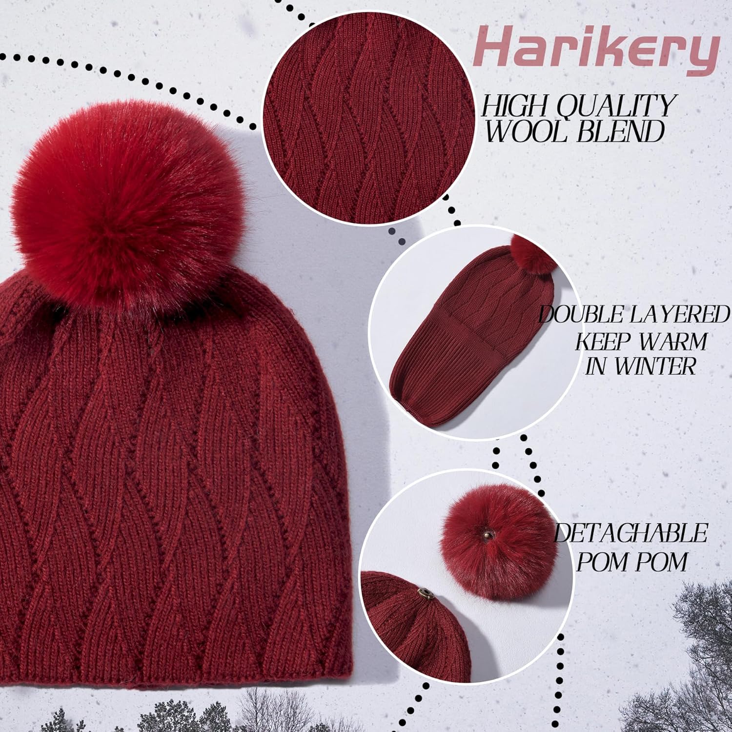 Knit Hat Scarf Set with Detachable Pom Pom, Wool Blend Winter Beanie & Long Scarf, Cold Weather Accessories for Women - Image 3