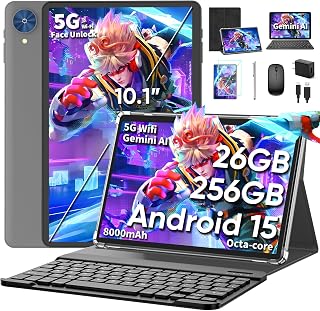 Relndoo P60 10.1" Android 15 Tablet with Keyboard, 26GB RAM, 256GB+2TB Expand, Gemini AI, 8000mAh Battery, Case, Mouse, Stylus