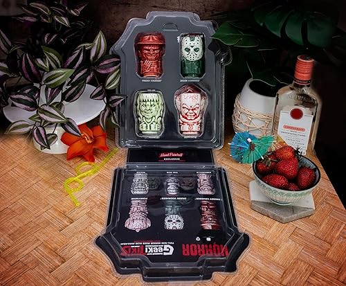 Miniatura 3 de Geeki Tikis Juego de 4 mini muglets de terror, incluye Regan, Jason Voorhees, Pennywise, Freddy Krueger, vasos de cóctel para el hogar, tazas de