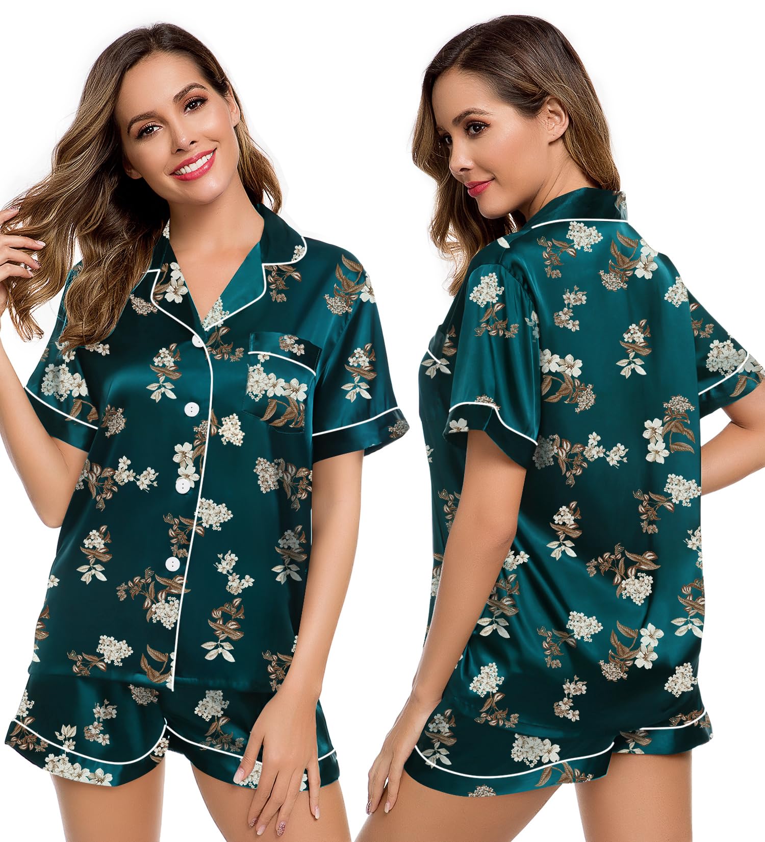 LecGee Womens Silk Satin Pajamas Short Sleeve Loungewear Two-Piece Sleepwear Button-Down Pj Set Deep Green Floral X-Large
