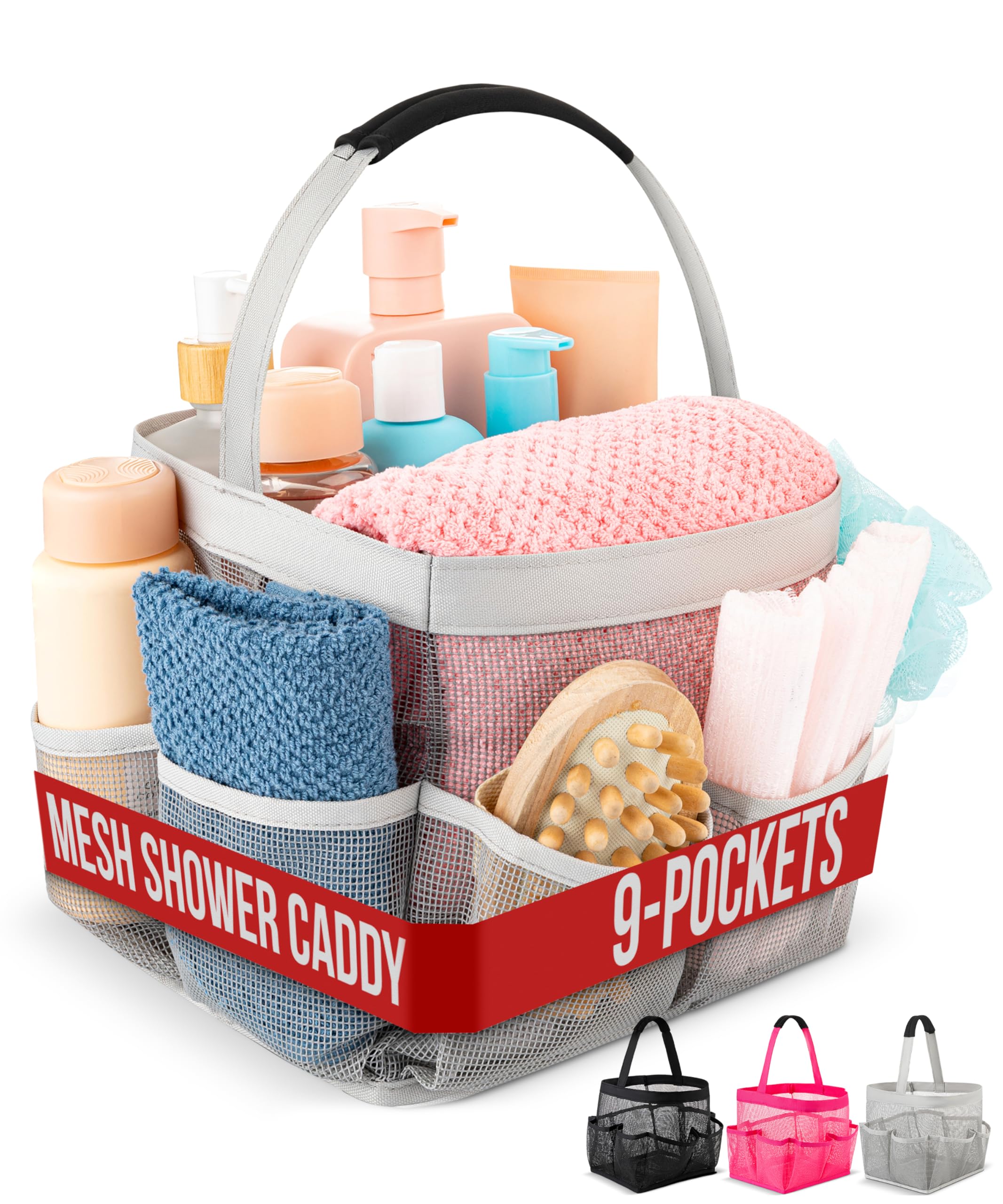Masirs Mesh Shower Caddy - 9 Pocket Portable Bathroom Organizer Tote for Travel, Gym & Dorm - Collapsible Small Shower Caddy Bag to Hold Toiletries & Essentials (Gray)