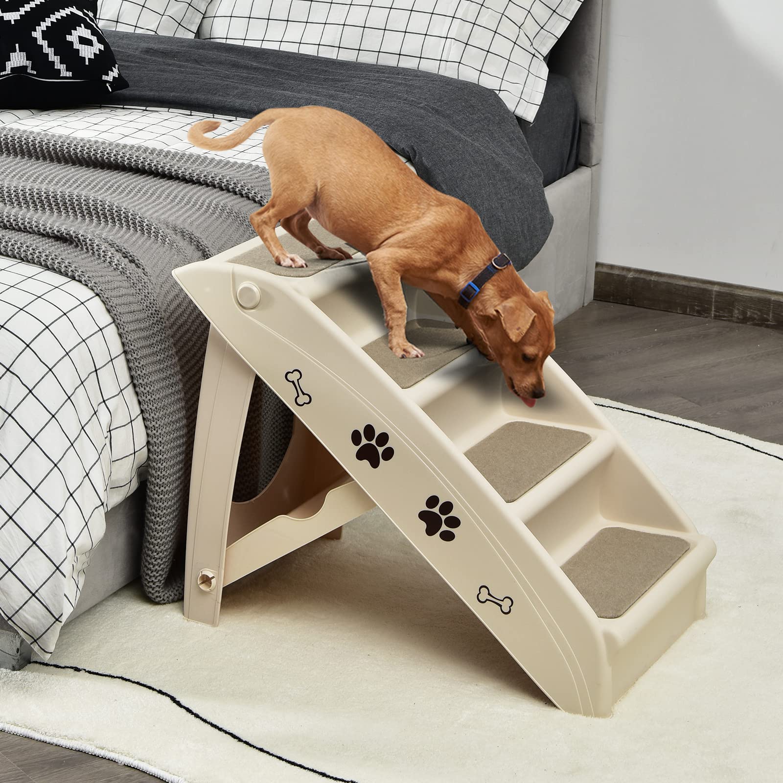 GYMAX Escalier pour Chien en Plastique 4 Marches, Rampe Intérieure et Extérieure avec Coussinets Antidérapants, Charge Max 60KG (Beige)
