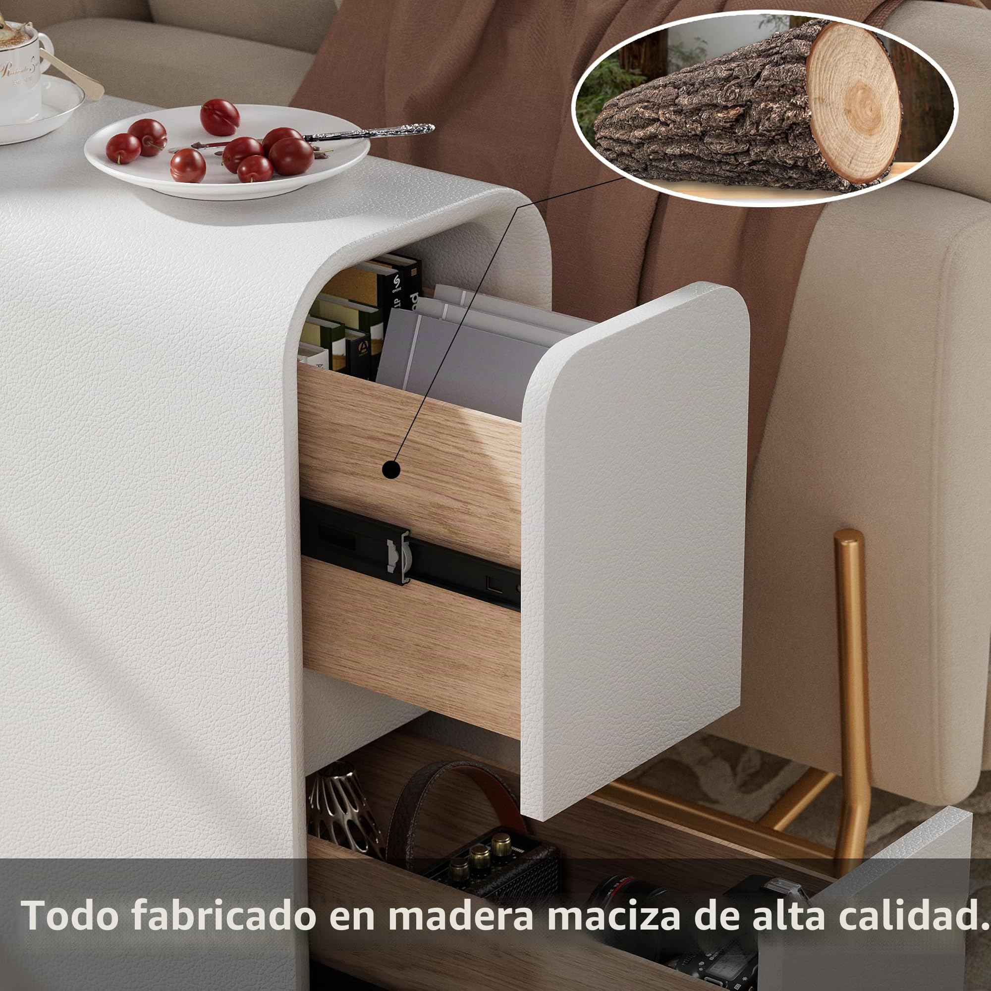 MSFE Mesita de Noche Estrecha, Mesita de Noche Estrecha con Superficie de Cuero,20cm Mesa Auxiliar Blanca con 2 Cajones, Mesitas Dormitorio,Sin Instalació, para Dormitorio,Salón