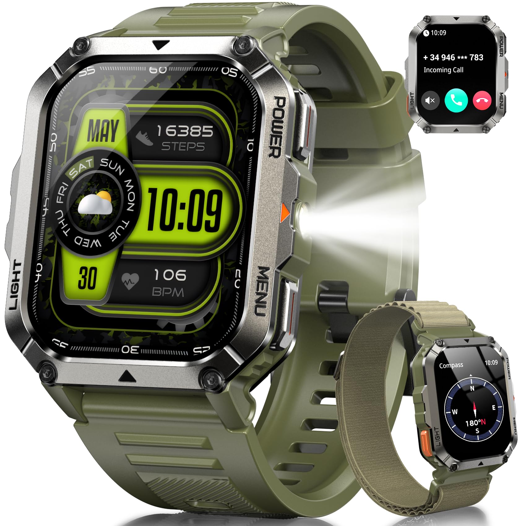 IOWODO Smartwatch Hombre Militar 2.01" - Llamadas Bluetooth, 20 Días Batería, 123 Modos Deporte, Monitor Cardíaco/SpO2/Sueño, IP68, Linterna LED, iOS Android (2 Correas) ClimeCo Certified