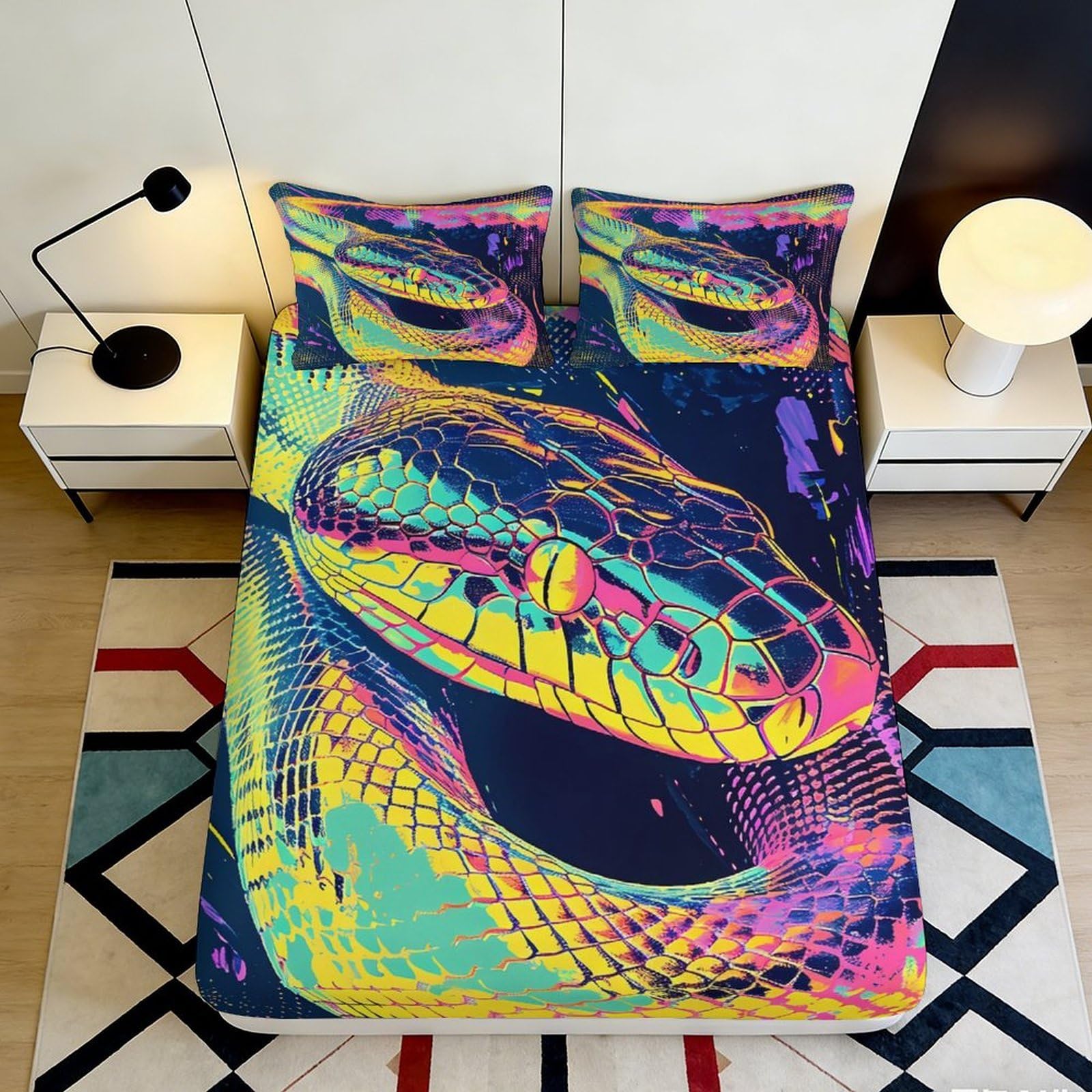 Pnayamiorkfel Style-8 3D Printed Neon Snake Fitted Sheet Microfiber Colourful Serpent Mattress Cover For Bedroom Dorm Decor Easy Care 90X200x25cm