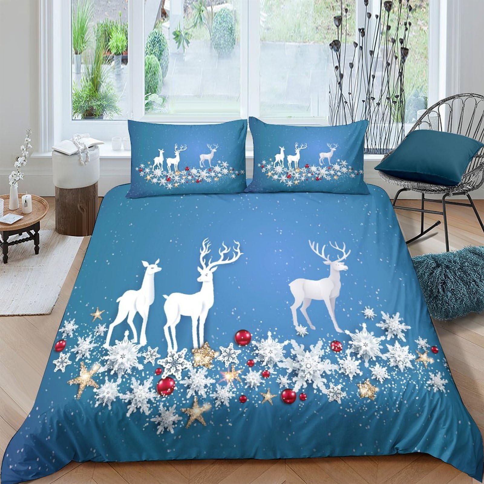 Ctjqhvkz Style-7 3D Printed Blue Reindeer Fitted Sheet Microfiber Soft Touch Snowflake Mattress Cover For Bedroom Dorm Easy Care Single（135X200cm）