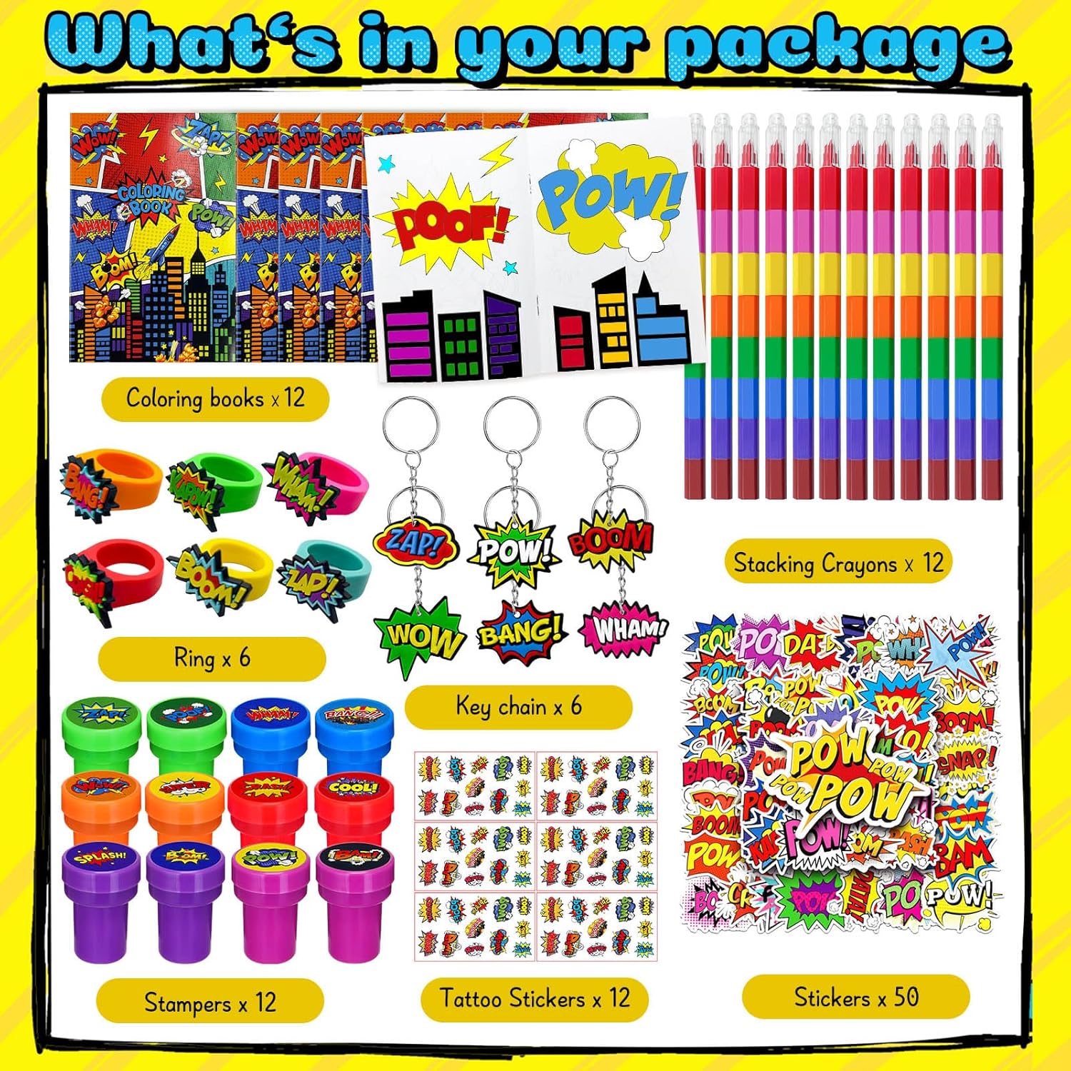 Cinrobiye 72 Pcs Hero Party Favors, Hero Coloring Books, Stickers, Tattoos, Stampers, Keychains, Rings, Rainbow Pencils, Comic Birthday Party Supplies, Goodie Bag Fillers, Prize Bulk Set - Image 2