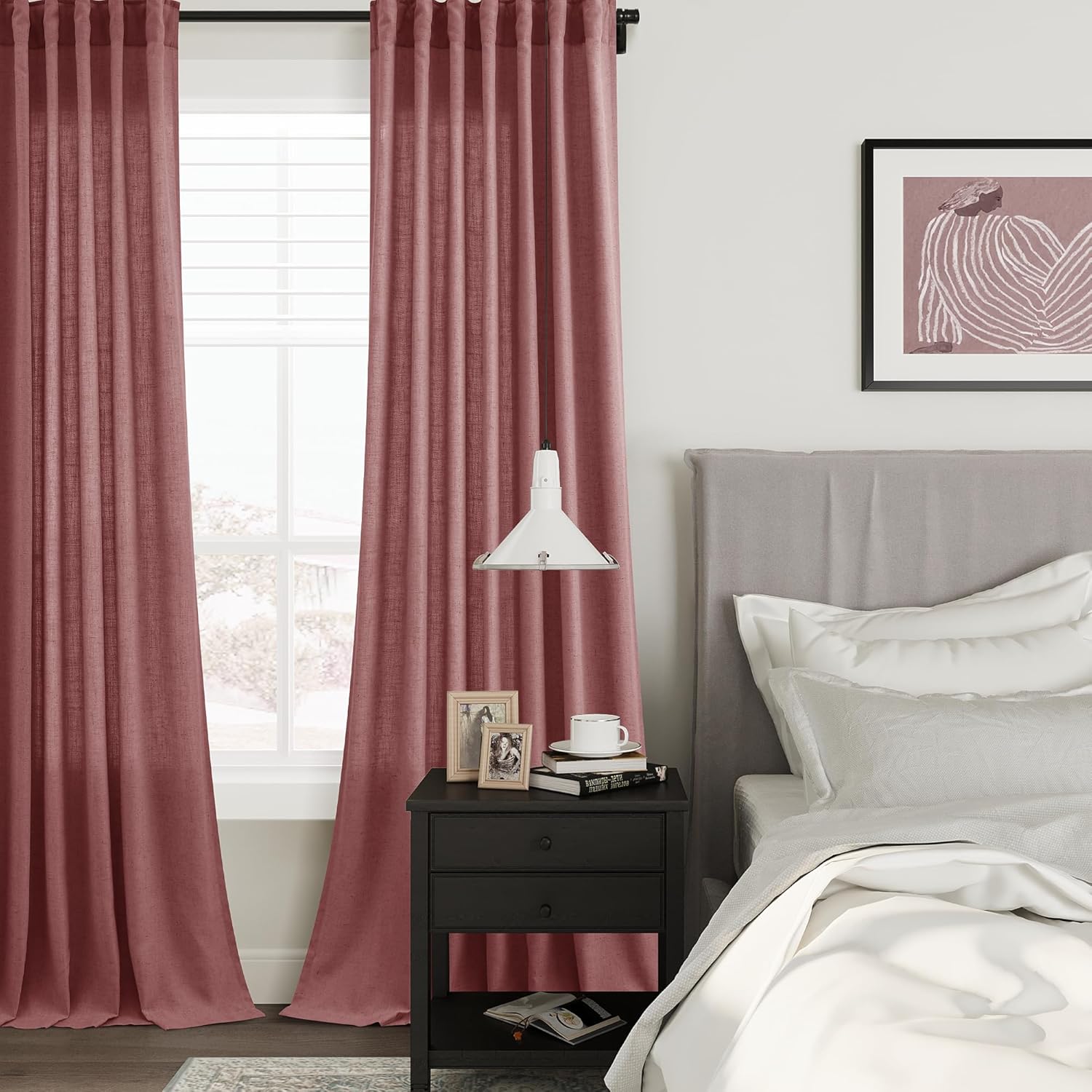 Joywell Canyon Rose Linen Curtains 84 Inches Length Light Filtering Neutral Farmhouse Boho Rod Pocket Back Tab Hook Belt Clip Rings Semi Sheer Window Drapes for Bedroom Living Room 2 Panels 52x84