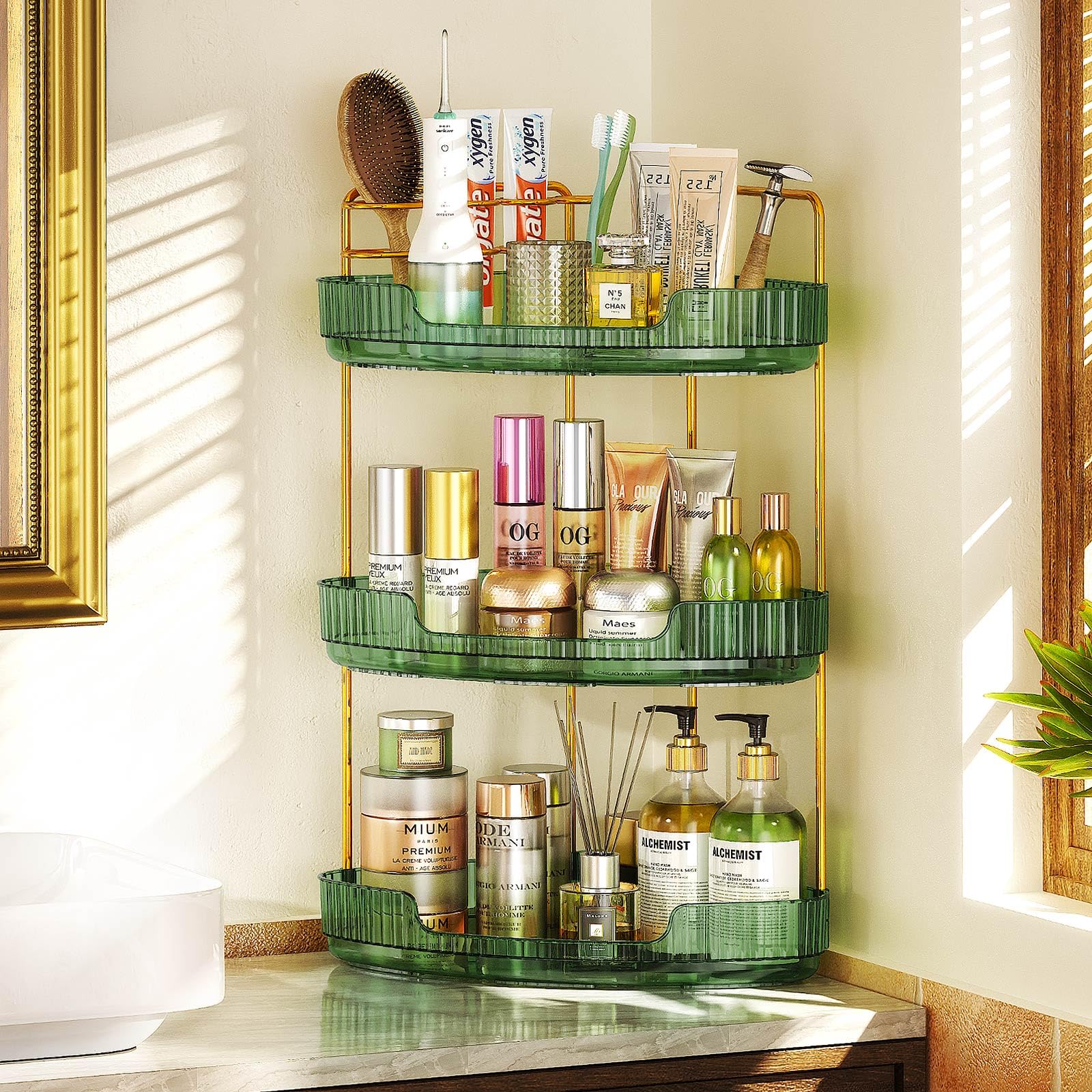 3-tier corner bathroom counter organizer makeup cosmetic storage, tool-free installation acrylic vanity shelf, skin care organizer perfume tray for countertop bathroom, dresser, kitchen (green)